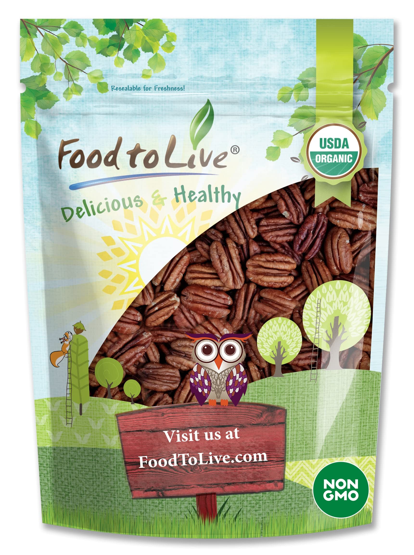 Food to Live Organic Dry Roasted Pecan Halves with Himalayan Salt, 1 Pound Non-GMO, Oven Roasted Lightly Salted Nuts, No Oil Added, Vegan Snack
