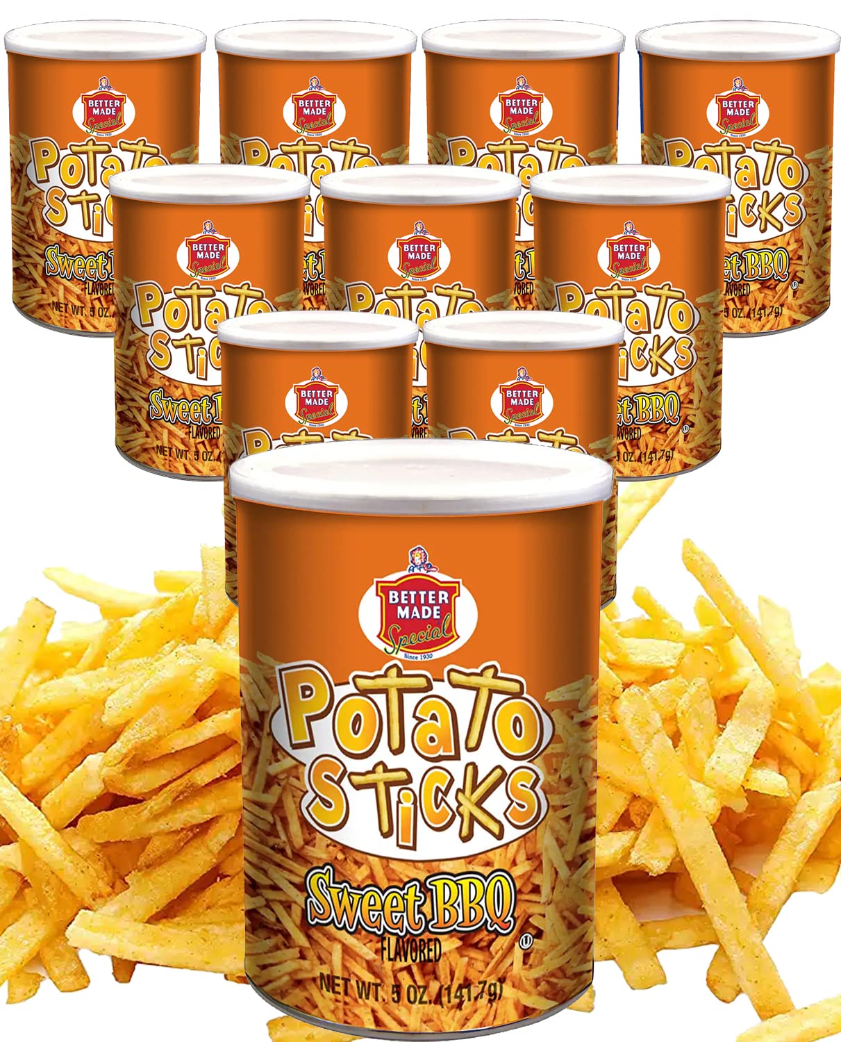 Better Made Potato Sticks 5oz Canister - (Sweet BBQ, 12 Can Tray) Shoestring Potato Sticks - Gluten Free - Crunchy, Crispy Snack from Fresh Potatoes
