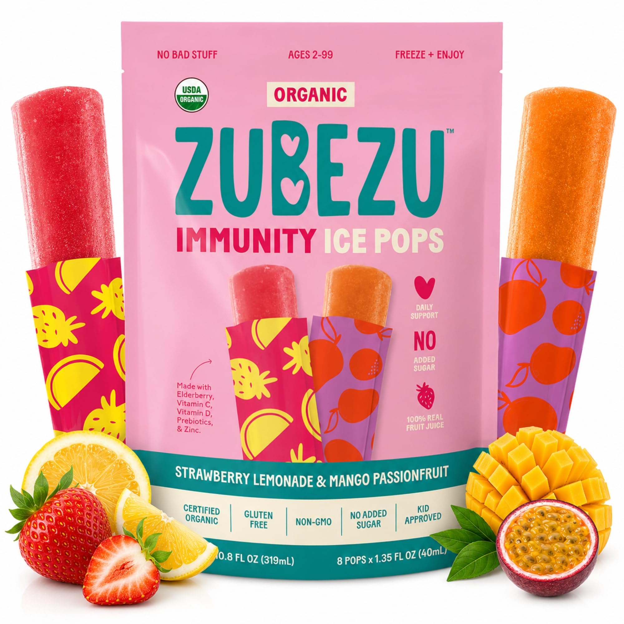 ZuBeZu Organic Immunity Ice Pops - Natural Support for Children’s Immune System with Elderberry, Vitamin C & D, and Zinc - No Added Sugar and 100%