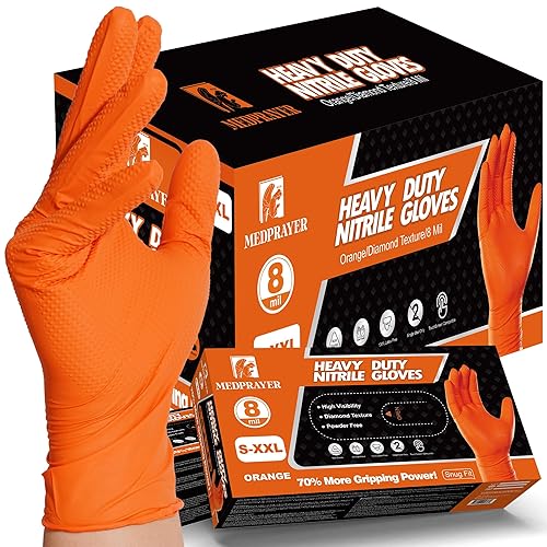MEDPRAYER Industrial Orange Nitrile Gloves - Disposable Rubber Gloves 8 Mil - Raised Diamond Texture, Latex & Powder Free - Size Small, Pack of 100
