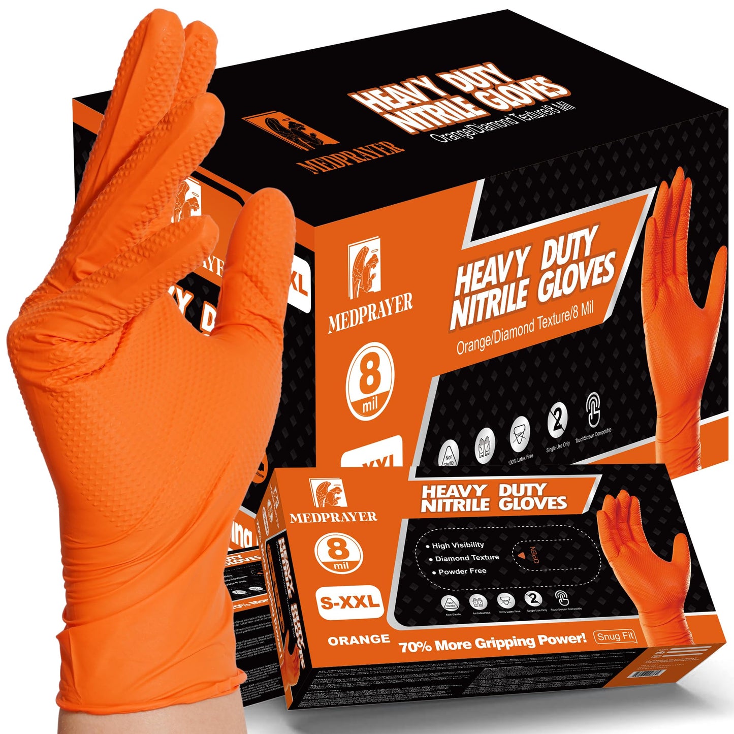 MEDPRAYER Industrial Orange Nitrile Gloves - Disposable Rubber Gloves 8 Mil - Raised Diamond Texture, Latex & Powder Free - Size Small, Pack of 100