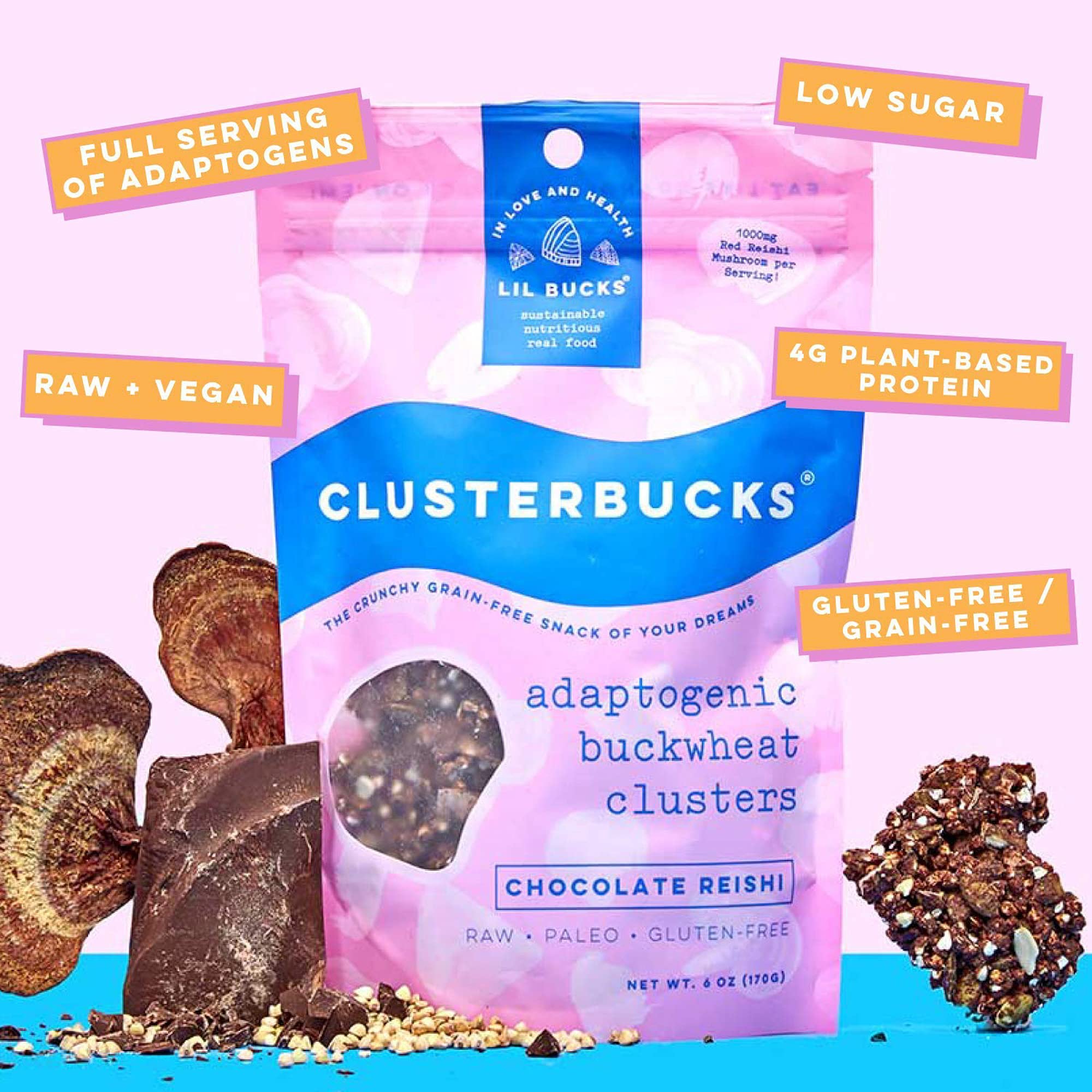 Lil Bucks Clusterbucks Grain-Free Superfood Clusters made with Sprouted Buckwheat and Adaptogens, Gluten Free Snack (Variety 6 Pack - Chocolate