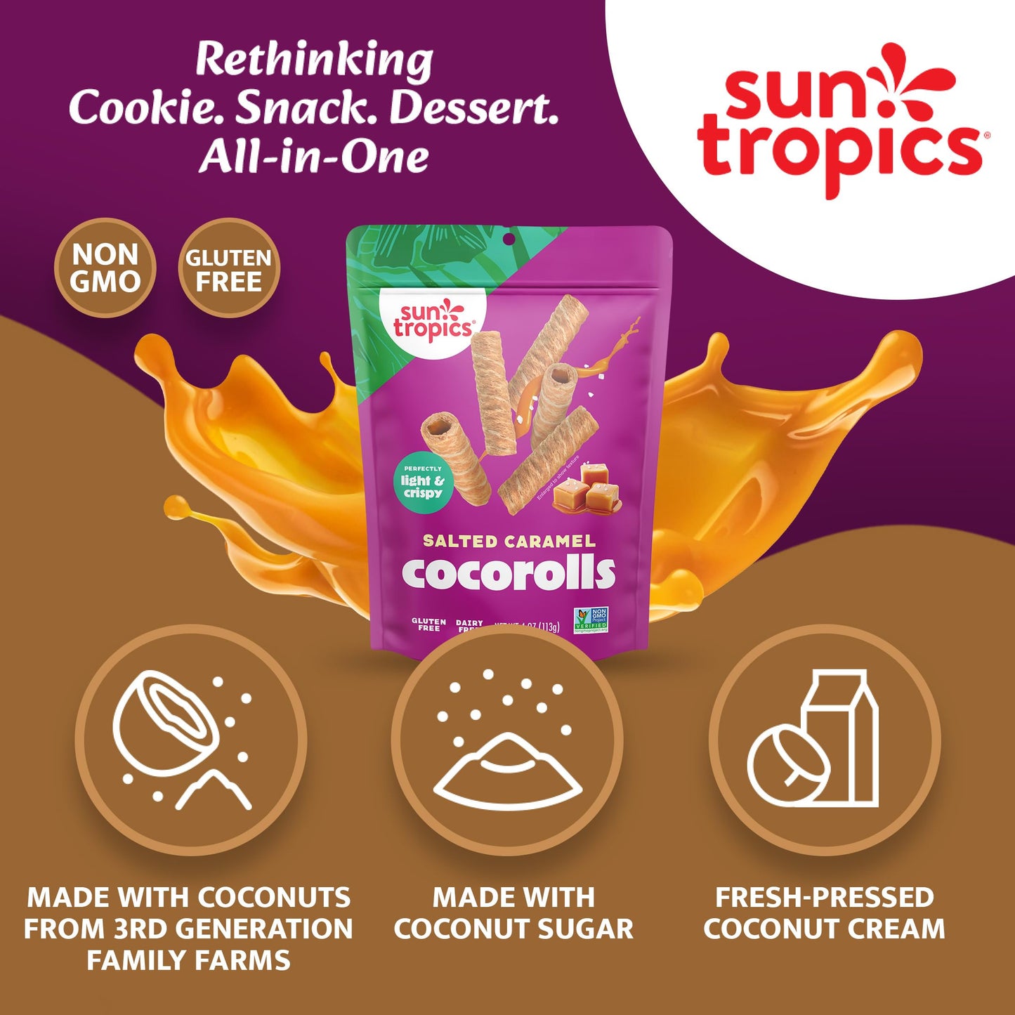 Sun Tropics CocoRolls Salted Caramel Flavor 4 oz | Crisp Rolled Wafer Cookies, Coconut Rolls Made With Pure Coconut Cream | Gluten Free & Dairy Free