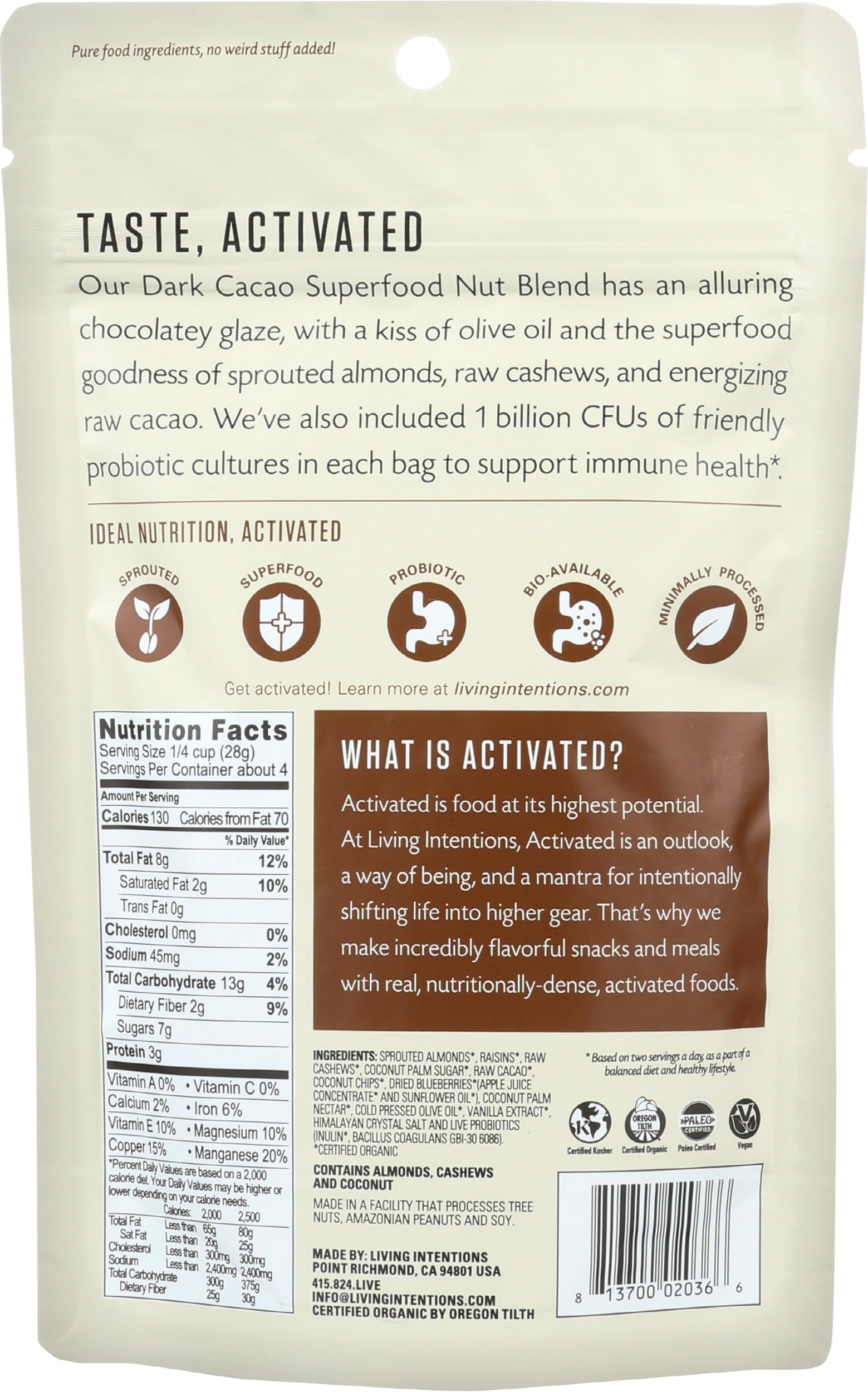 Living Intentions Organic Dark Cacao Superfood Nut Blend, 4 OZ