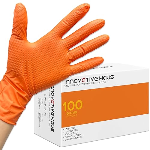 INNOVATIVE HAUS Heavy Duty Nitrile Gloves. Orange 8 Mil. Shop Gloves Mechanic Disposable. Mechanic Rubber Gloves Disposable. Large. Pack of 100