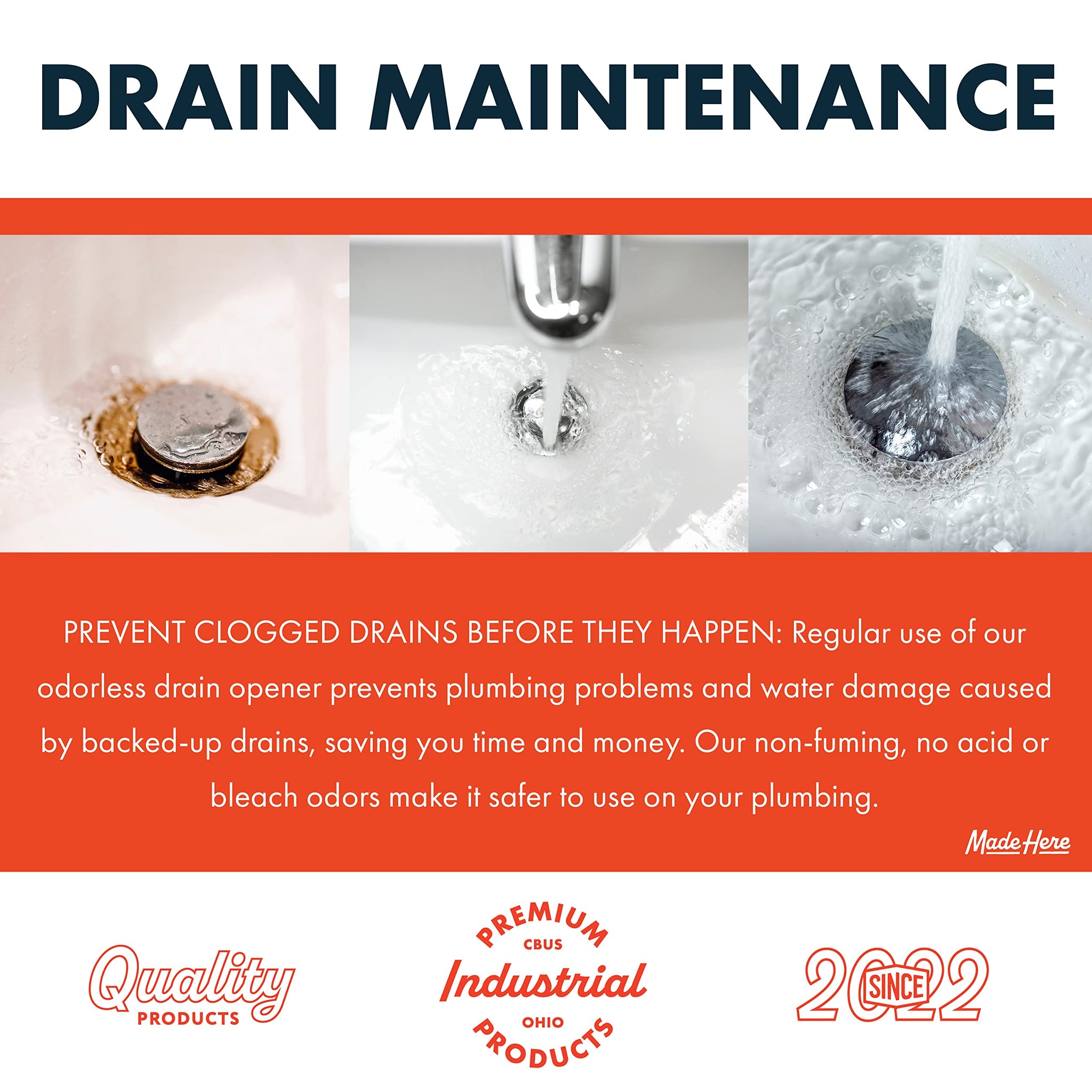 Made Here Co. - Quick-Acting Liquid Drain Opener - Dissolves Grease, Hair, Food & More - Prevents Plumbing Problems - Non-Fuming, No Acid or Bleach