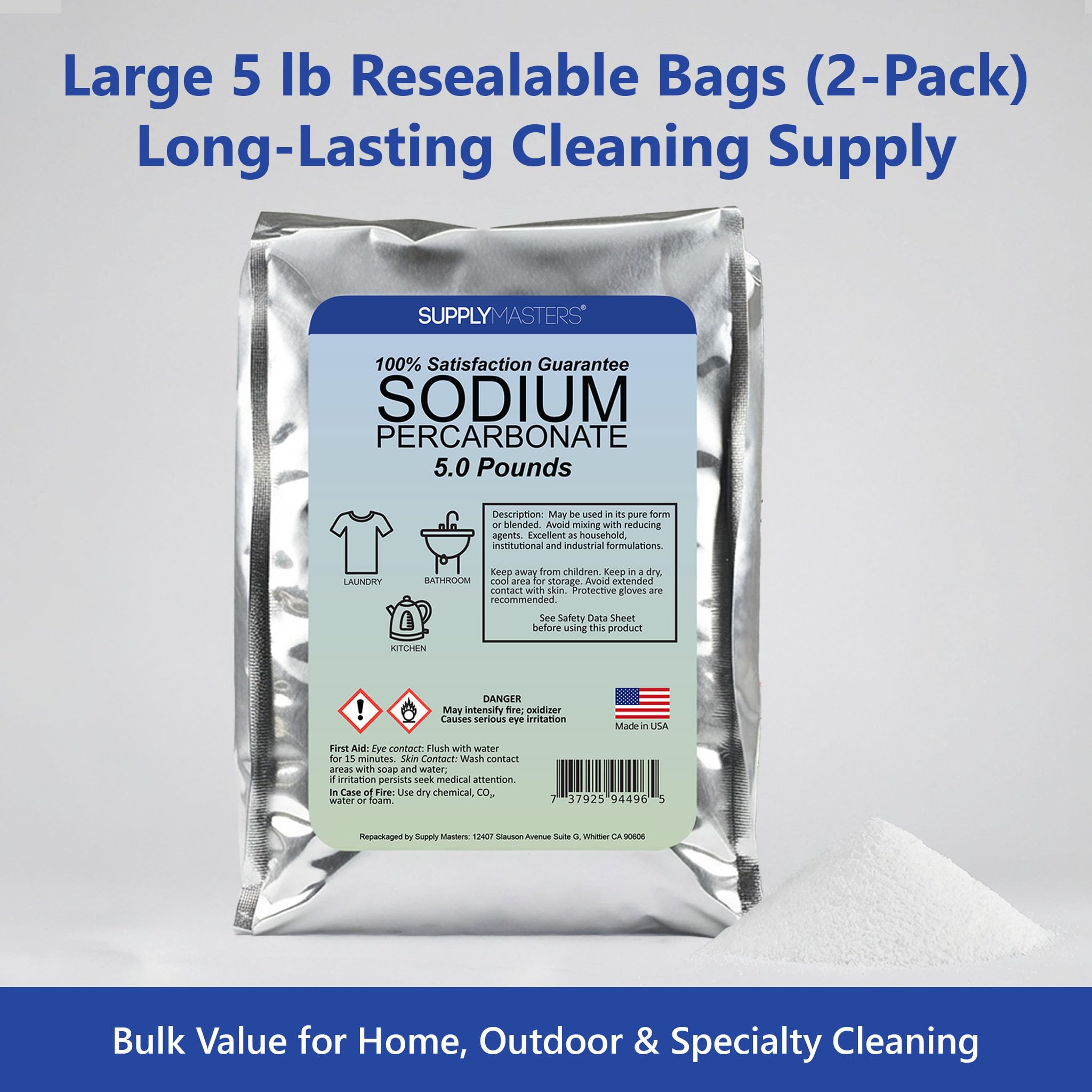 Supply Masters Sodium Percarbonate Powder 5 lbs - Non-Chlorine Oxygen Bleach Alternative & Stain Remover - Multi-Purpose Cleaner for Laundry, Carpets