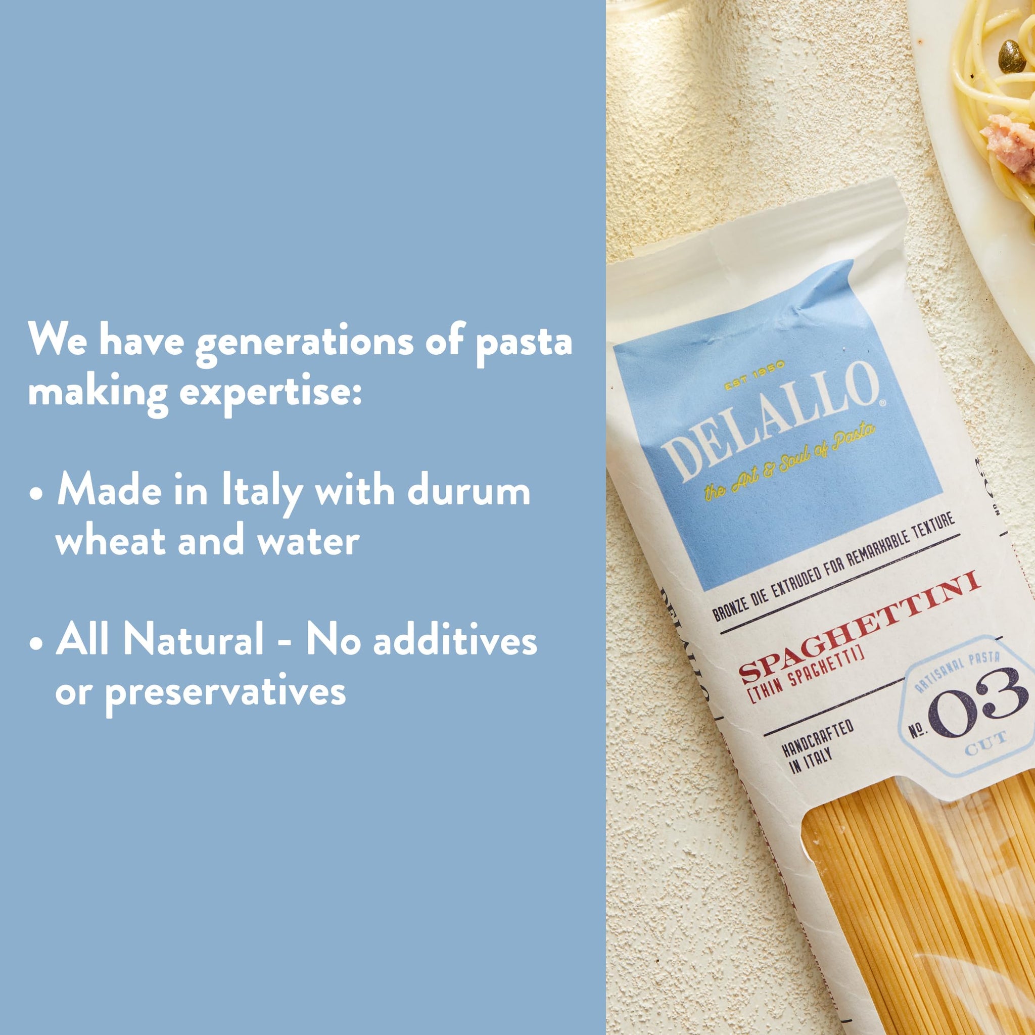 DeLallo Thin Spaghetti Pasta, 1 Pound Bag, 4 Pack, Al Dente Texture, Made in Itay, Made with Durum Wheat Semolina Flour, Cooks in 9 Minutes, Non-GMO