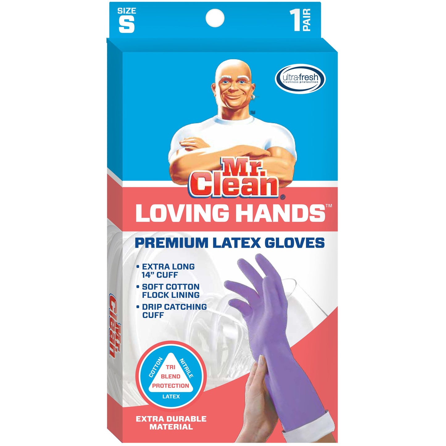 Mr. Clean, 243310 Loving Hands, Small Heat Resisting, Soft Cotton Flock Lining, Built in Freshness Protection, Non-Slip Diamond Grip Gloves, (S)