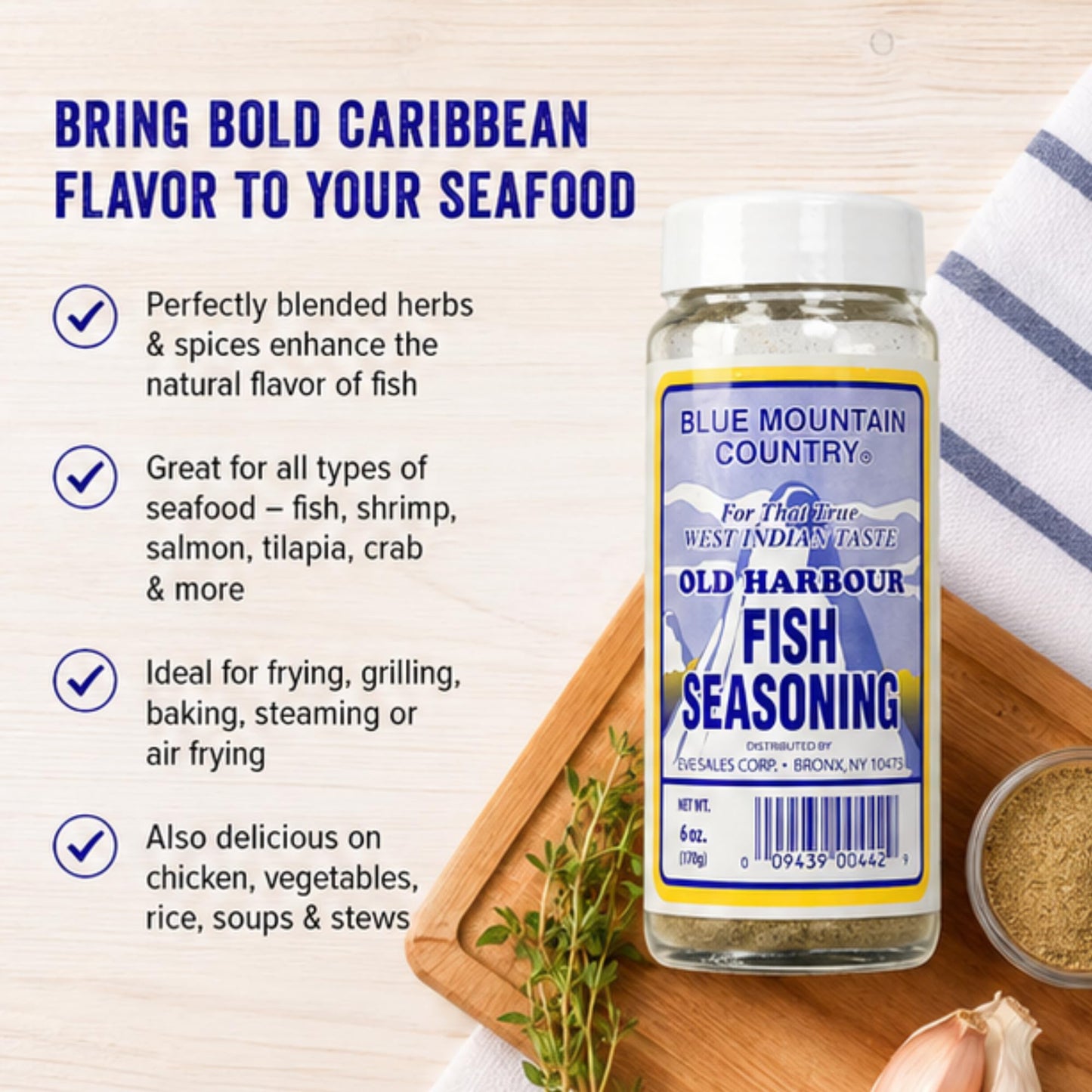 Blue Mountain Country Jamaican Fish Seasoning, 6 Oz - Authentic Caribbean Seafood Spice Blend for Fish, Shrimp, Salmon, Tilapia, Frying, Grilling