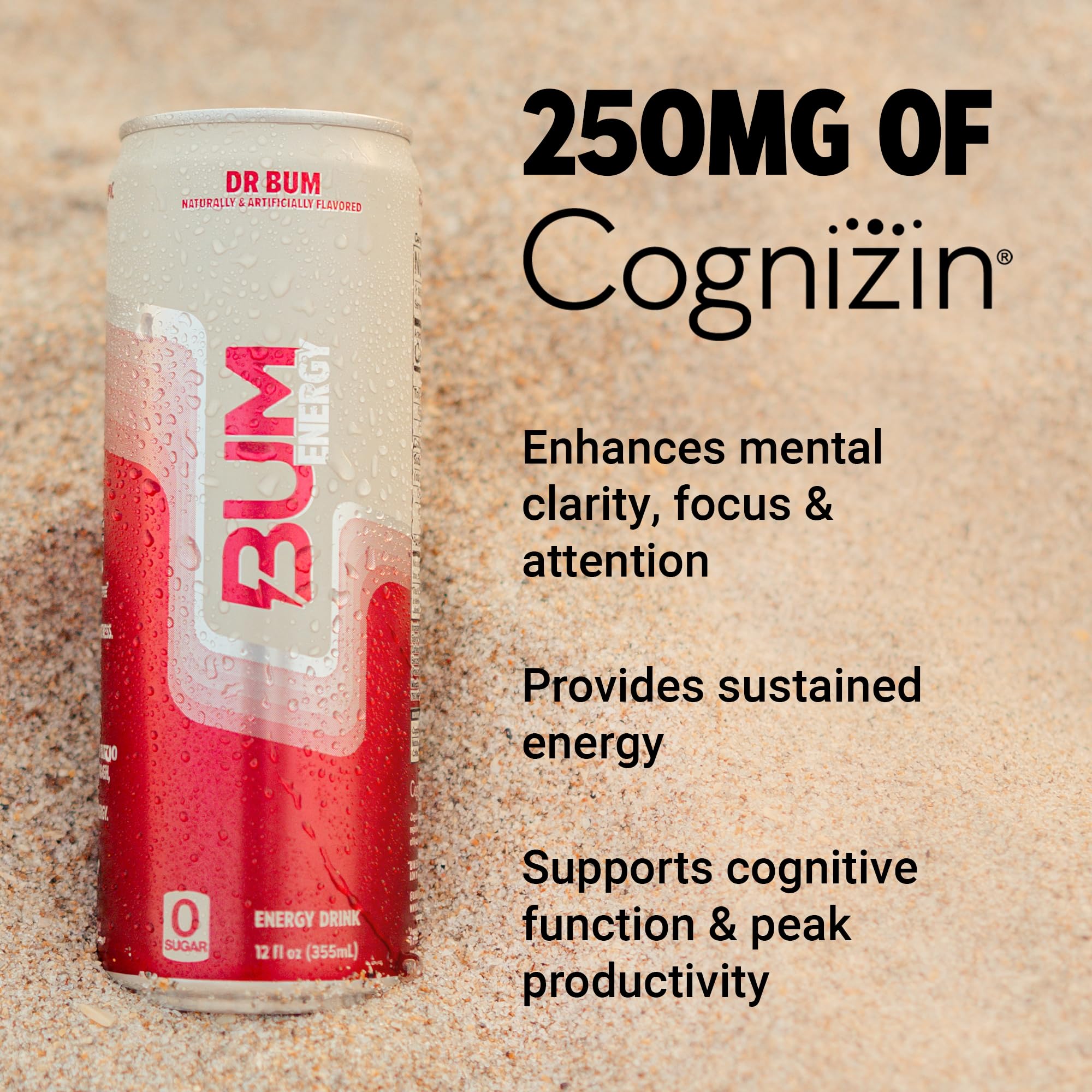 BUM Sugar-Free Energy Drink, Dr BUM - Lightly Carbonated & No Artificial Colors, Natural Caffeine & Citicoline for Energy & Focus, Brain Boost