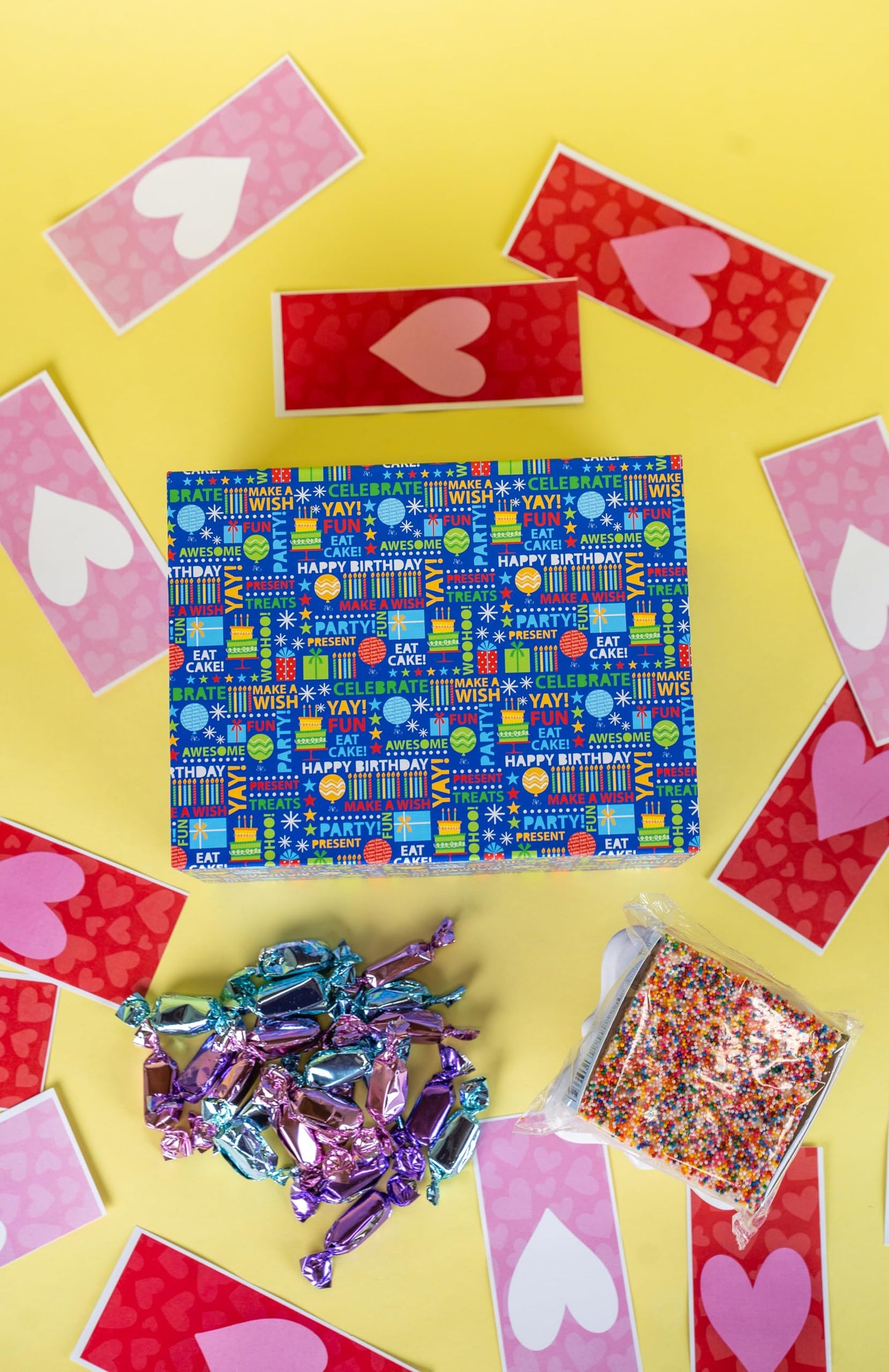 Birthday Love Shower Gift Box by Send A Cake - Ready-to-Gift Music Box with Sweet Caramels & 3" Rainbow Sprinkle Dots Crispy Cake - No Assembly