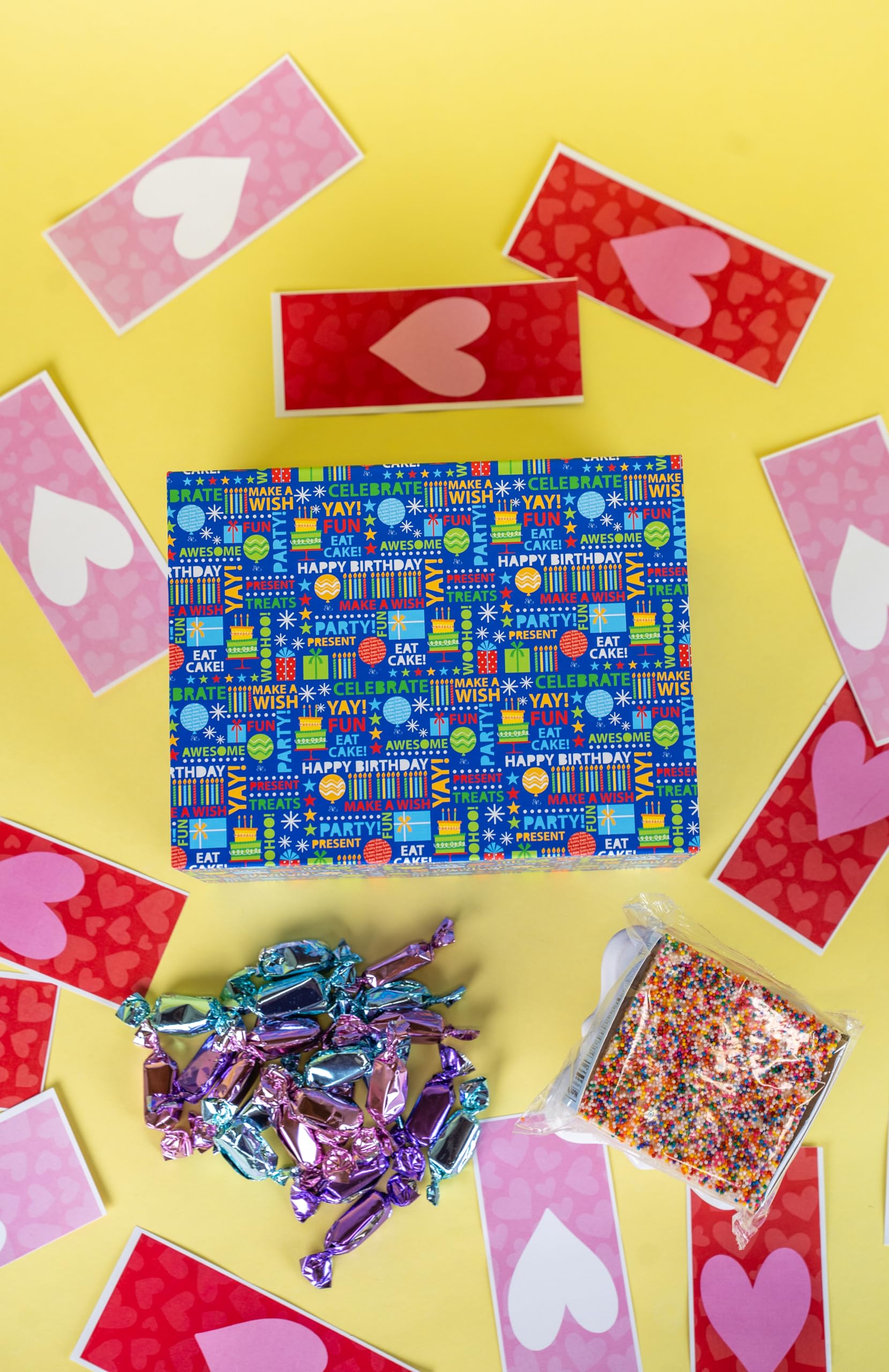 Birthday Love Shower Gift Box by Send A Cake - Ready-to-Gift Music Box with Sweet Caramels & 3" Rainbow Sprinkle Dots Crispy Cake - No Assembly