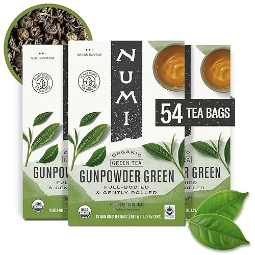 Numi Organic Gunpowder Green Tea - 54 Green Tea Bags - Bold, Smooth Flavor, Packed with Antioxidants, Naturally Energizing, Microplastic-Free Tea Bags
