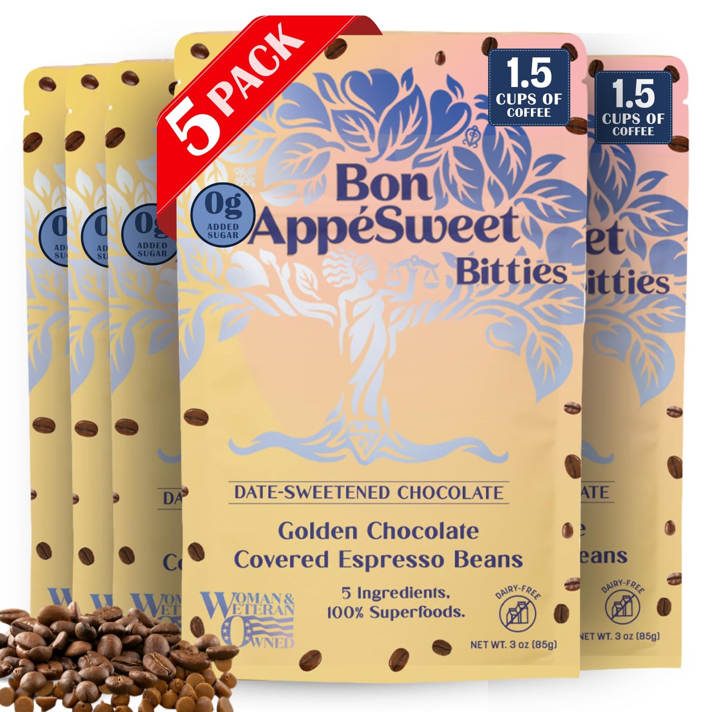 Bon Appesweet Date Sweetened Chocolate Covered Espresso Beans - Golden Chocolate Covered | 3 Ounce (Pack of 5) | Zero Added Sugar, 37% Cacao, Plant