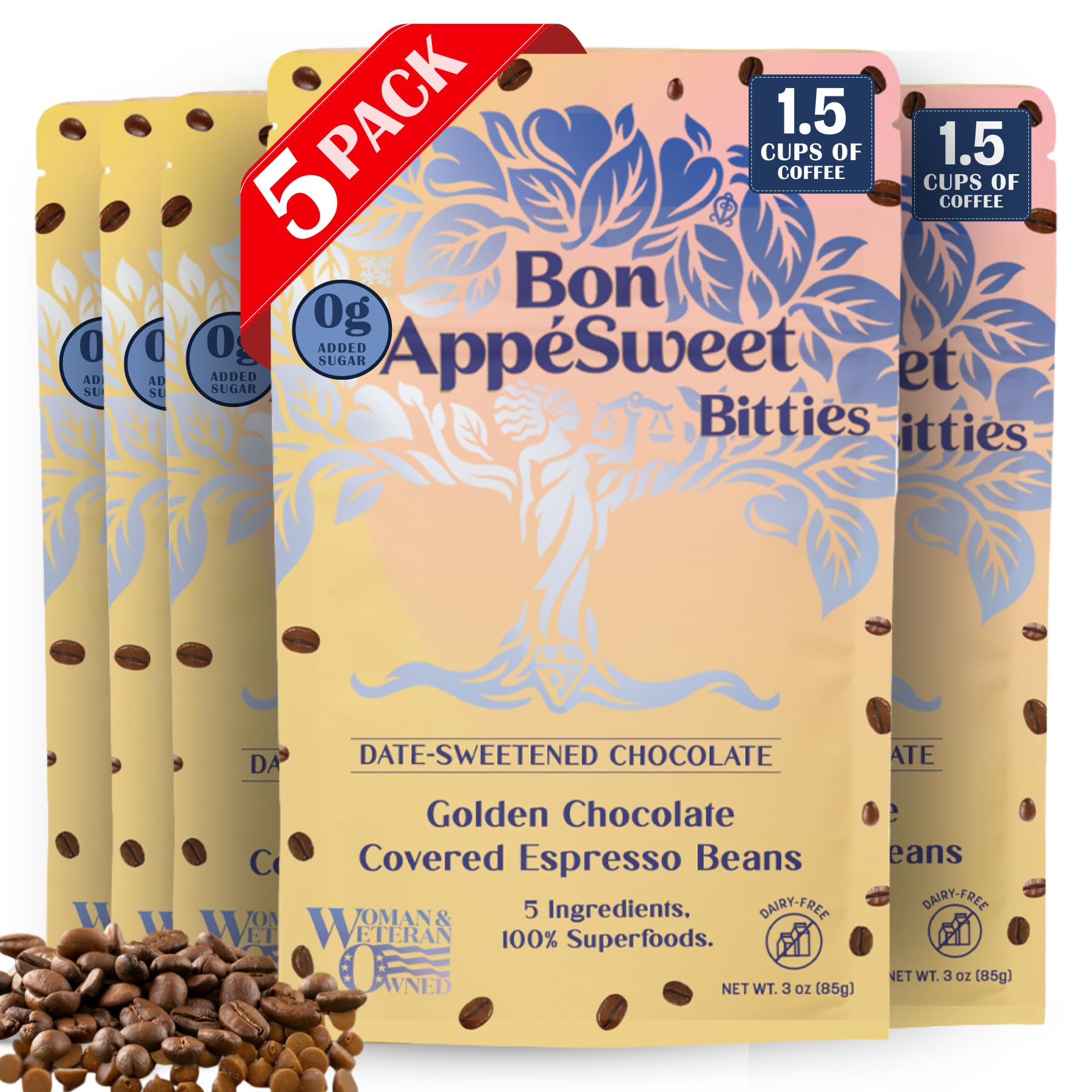 Bon Appesweet Date Sweetened Chocolate Covered Espresso Beans - Golden Chocolate Covered | 3 Ounce (Pack of 5) | Zero Added Sugar, 37% Cacao, Plant