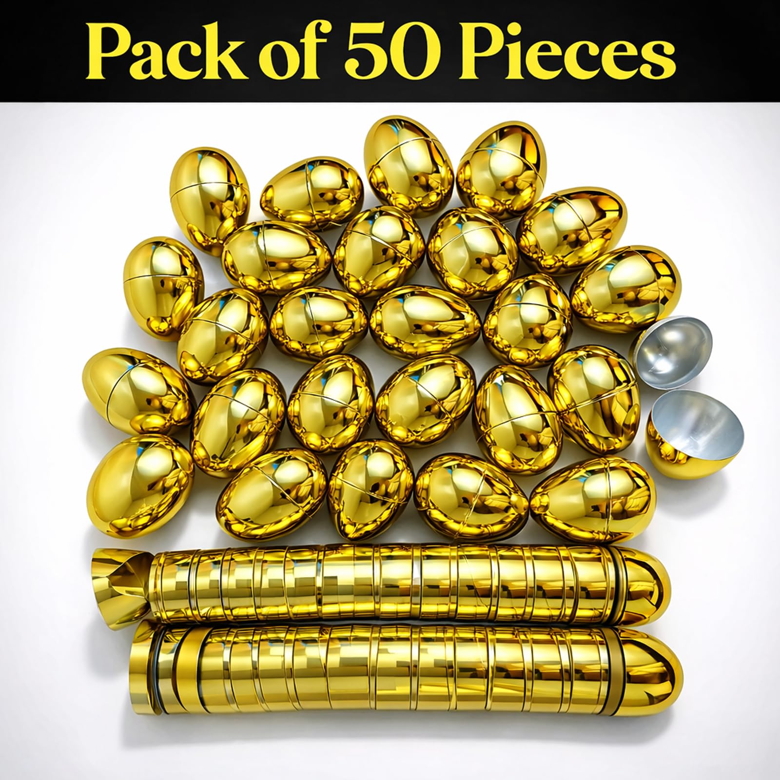 GiftExpress Gold Easter Eggs - 50 Piece Bulk 2.3" x 1.75" Golden Metallic Plastic Eggs Hinged - Adult & Kid Party Toys for Gift Easter Baskets or Egg