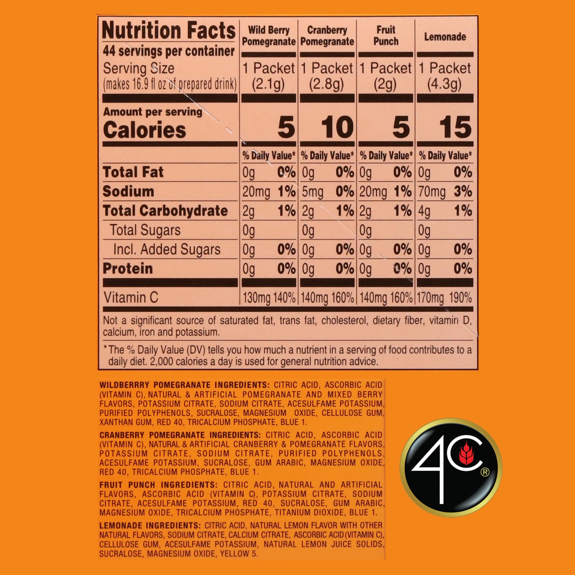 4C Powder Drink Mix Packets, PSD Variety 1 Pack, 44 Count, Singles Stix On the Go, Refreshing Sugar Free Water Flavorings (11 Each Wild Berry