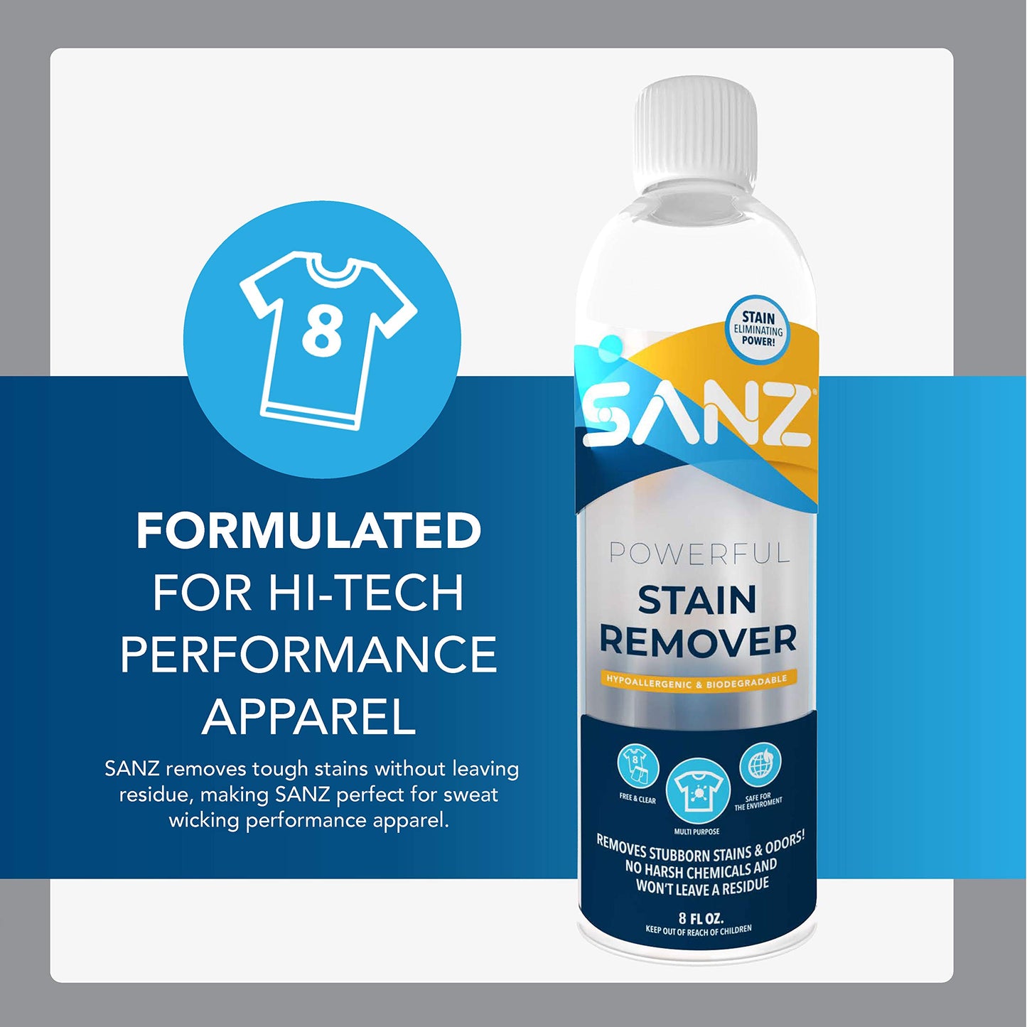 SANZ Stain Remover - For Stubborn Stains & Odors, No Residue, Hypoallergenic, Biodegradable, Zero Harsh Ingredients, 8 oz