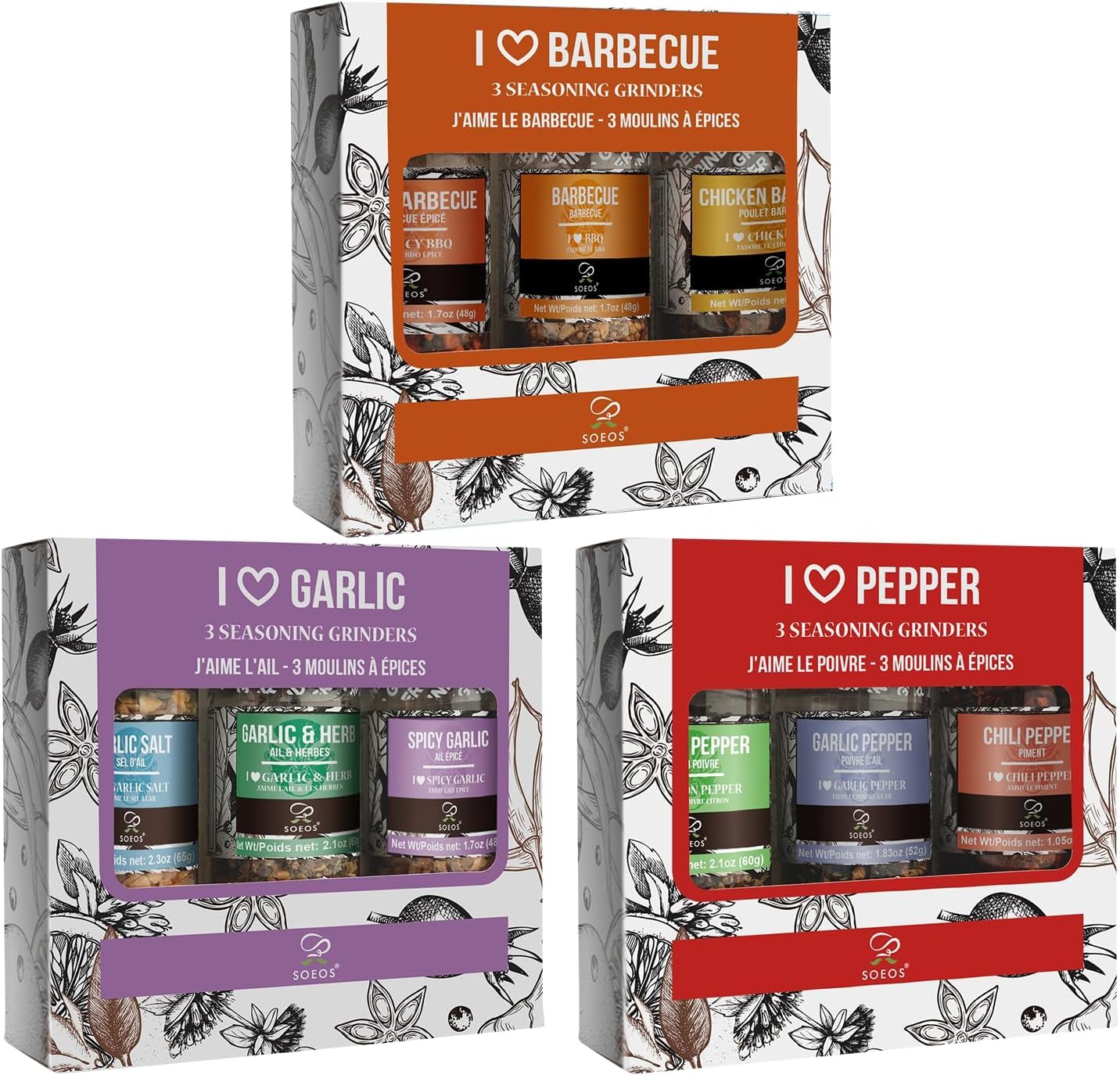Soeos Spice Seasoning Set of 9, 16.28oz(461g), With Integrated Grinders, Salt and Pepper Grinder Set, Pure and Fresh Perfect for BBQ Seasoning Gift