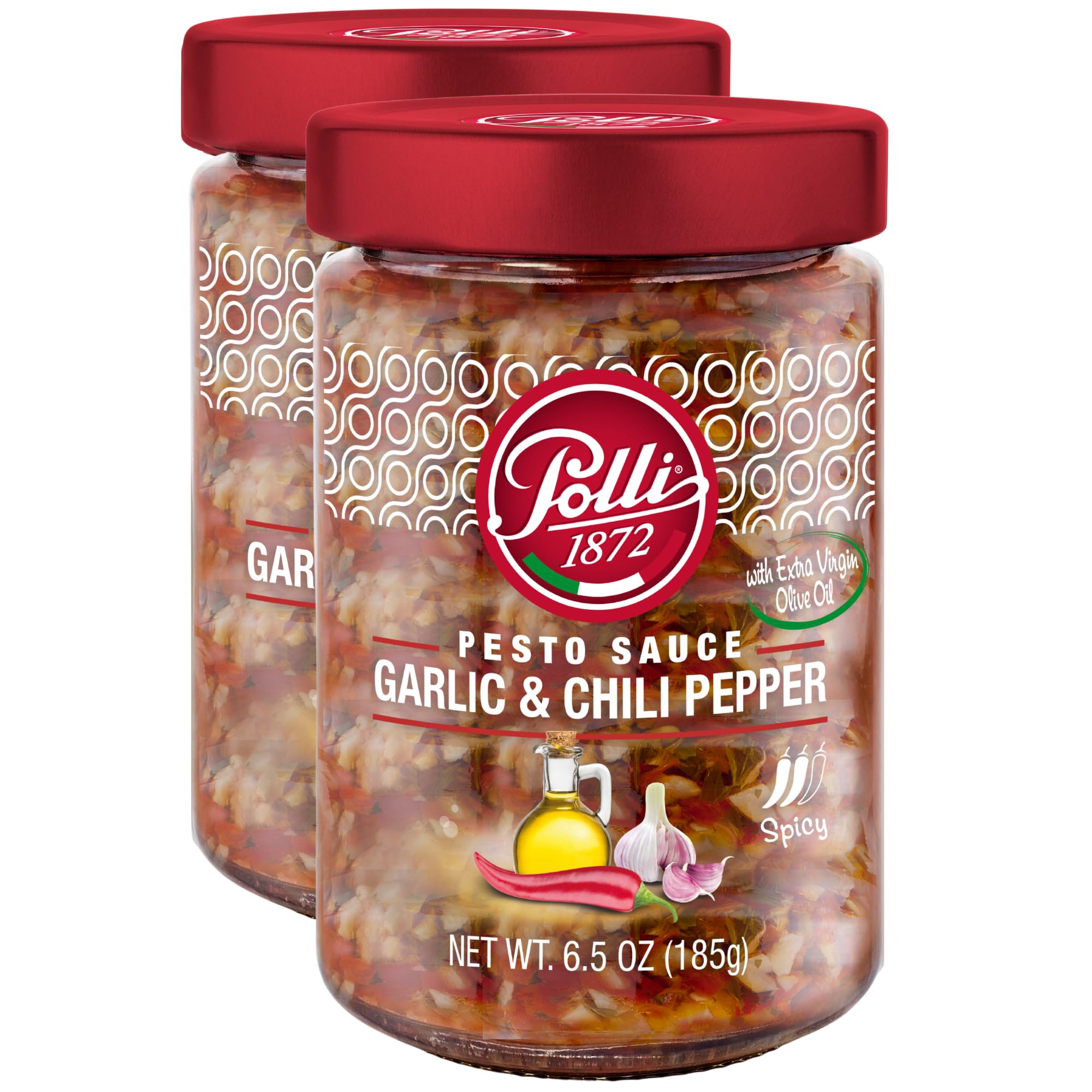 Polli Pesto Sauce Garlic & Chili Pepper With Extra Virgin Olive Oil | Pasta Risotto and Bruschetta Sauce | Spicy, Made In Italy - 2 Pack (6.5 oz Each)