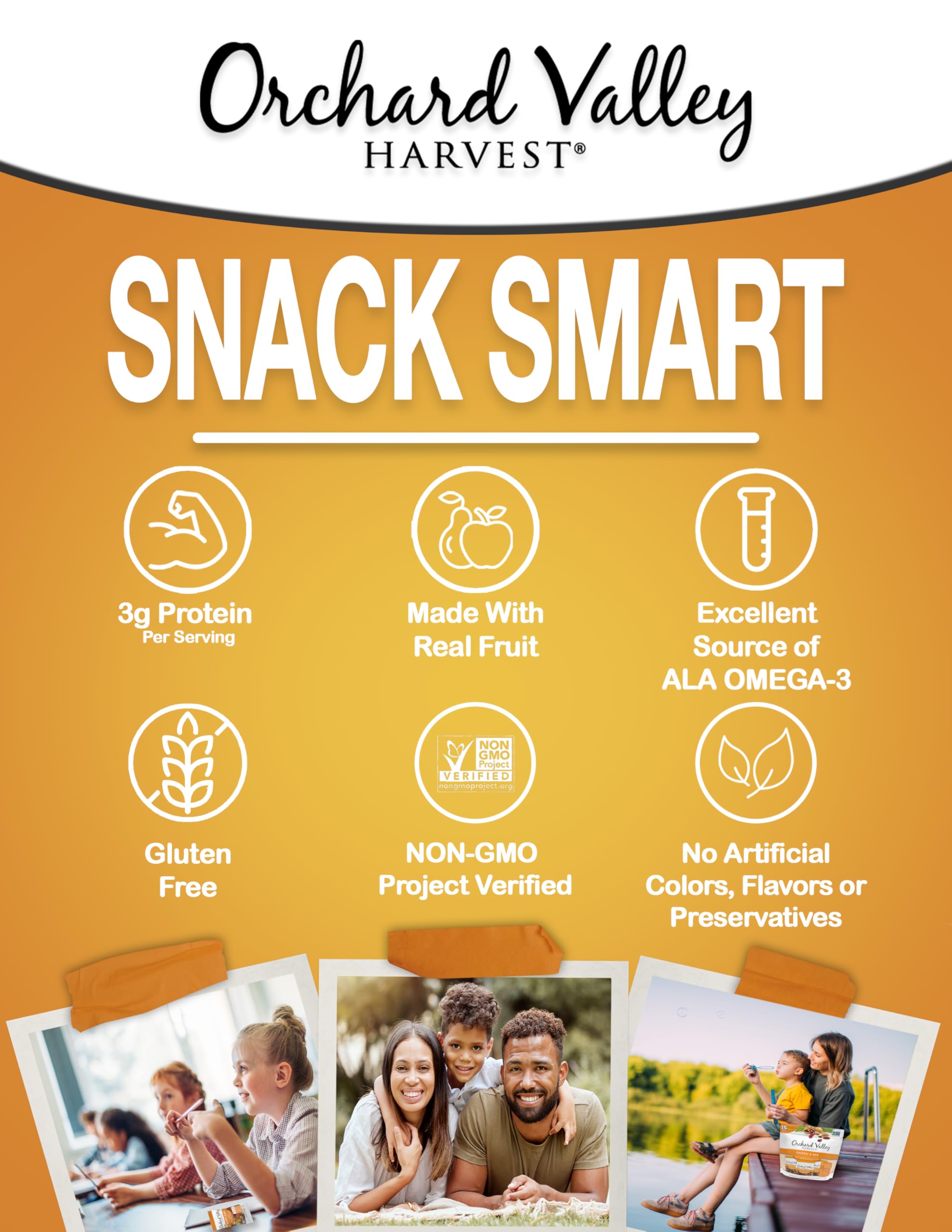 Orchard Valley Harvest Omega-3 Mix, 1 Ounce Bags (Pack of 15), Walnuts, Cranberries, Almonds, and Pistachios, Gluten Free, Non-GMO, No Artificial