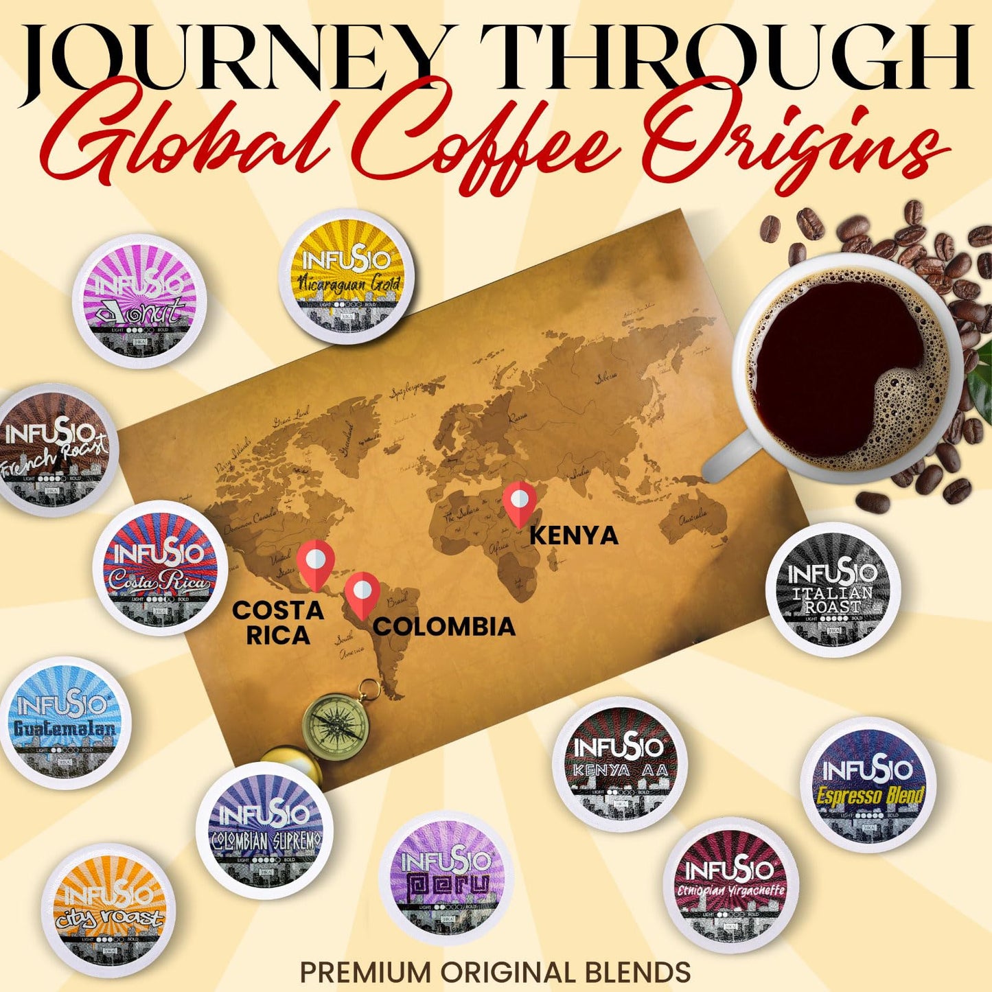 InfuSio Coffee Pods Variety Pack - 96 Count, 12 Sophisticated Medium & Dark Roast Blends, Crafted Blends Collection - Premium Single-Serve Coffee