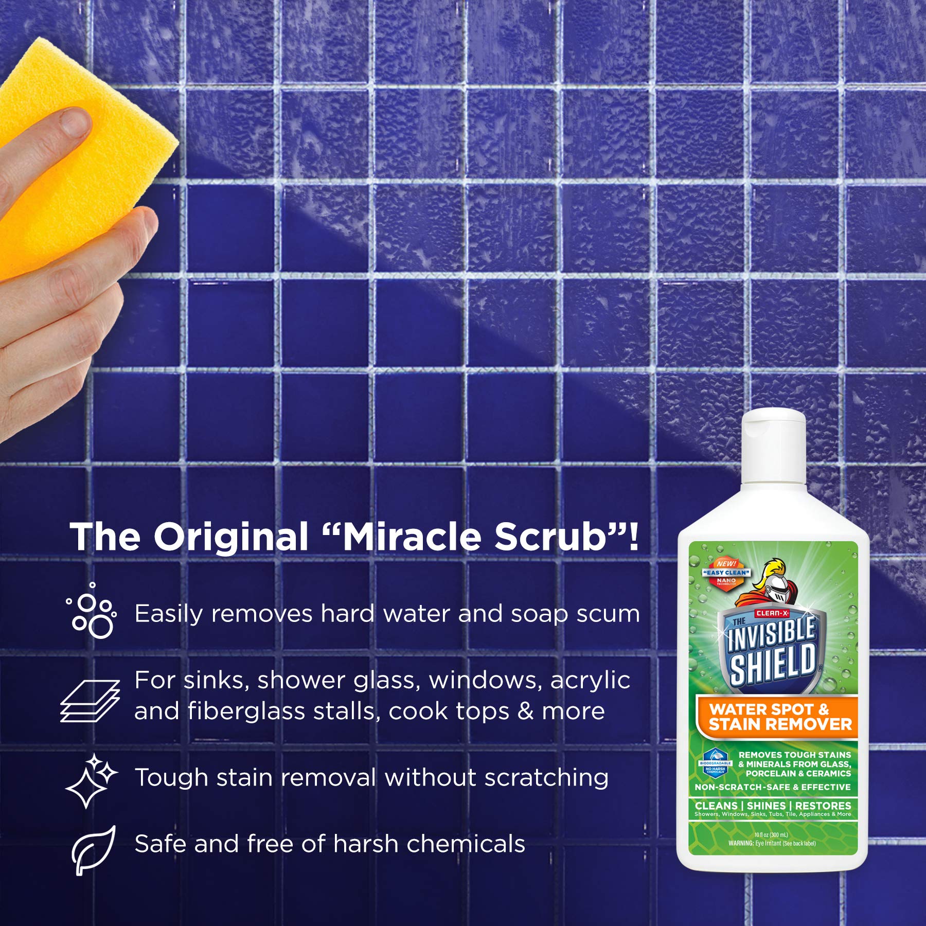 Invisible Shield Water Spot & Stain Remover Scrub 10 fl. oz. Removes Hard Water Spots and Soap Scum from Glass and Multi Surface by UNELKO- Clean-X
