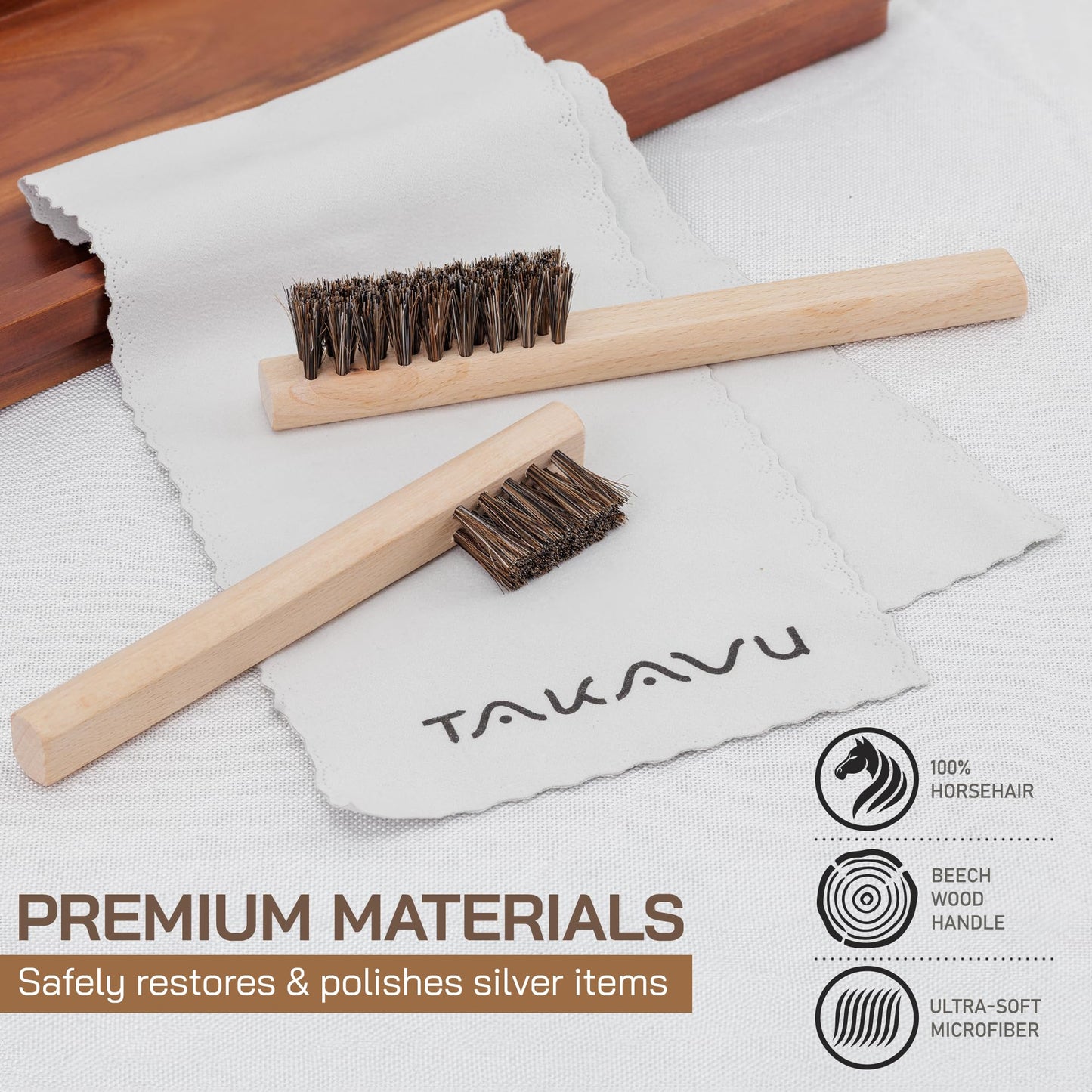 Horsehair Detail Brush Set 2pcs Silver Cleaning Brushes & Polish Cloth Perfect for Detailing, Polish Work, Fine and Heirloom Silverware Plateware