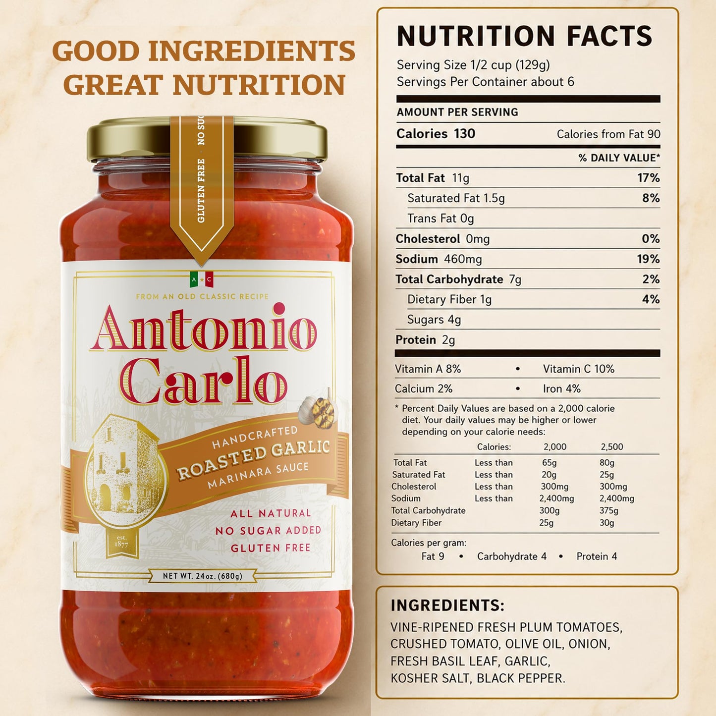 NEW! Antonio Carlo Authentic Italian (3 Generations) Handmade Gourmet Marinara Sauce - FRESH, No Preservatives, Vegan Marinara Spaghetti & Pasta Sauce