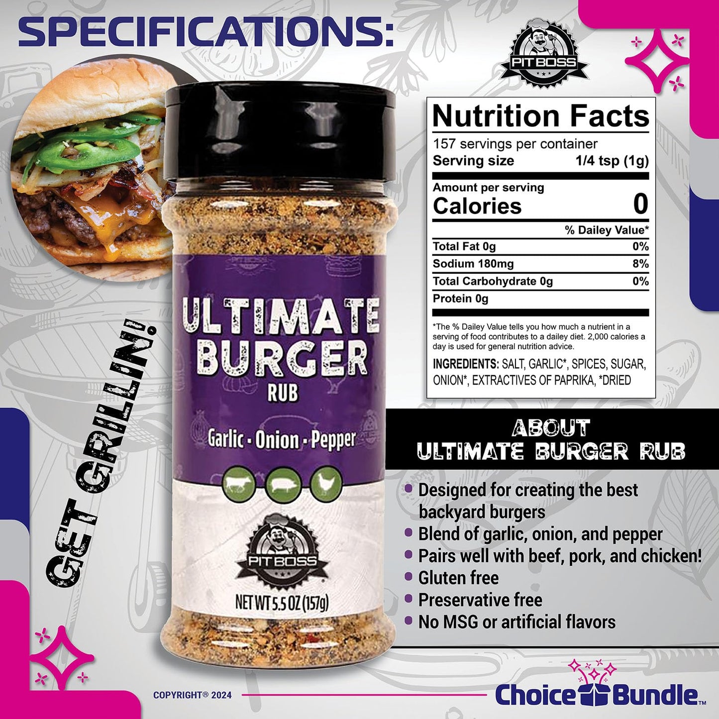 Pit Boss Ultimate Burger Premium BBQ Barbecue Mixed Seasoning Spice & Rub 3 pk Choice Bundle (16.5 oz) + Guide & Keychain Bottle Opener (5 Items)!
