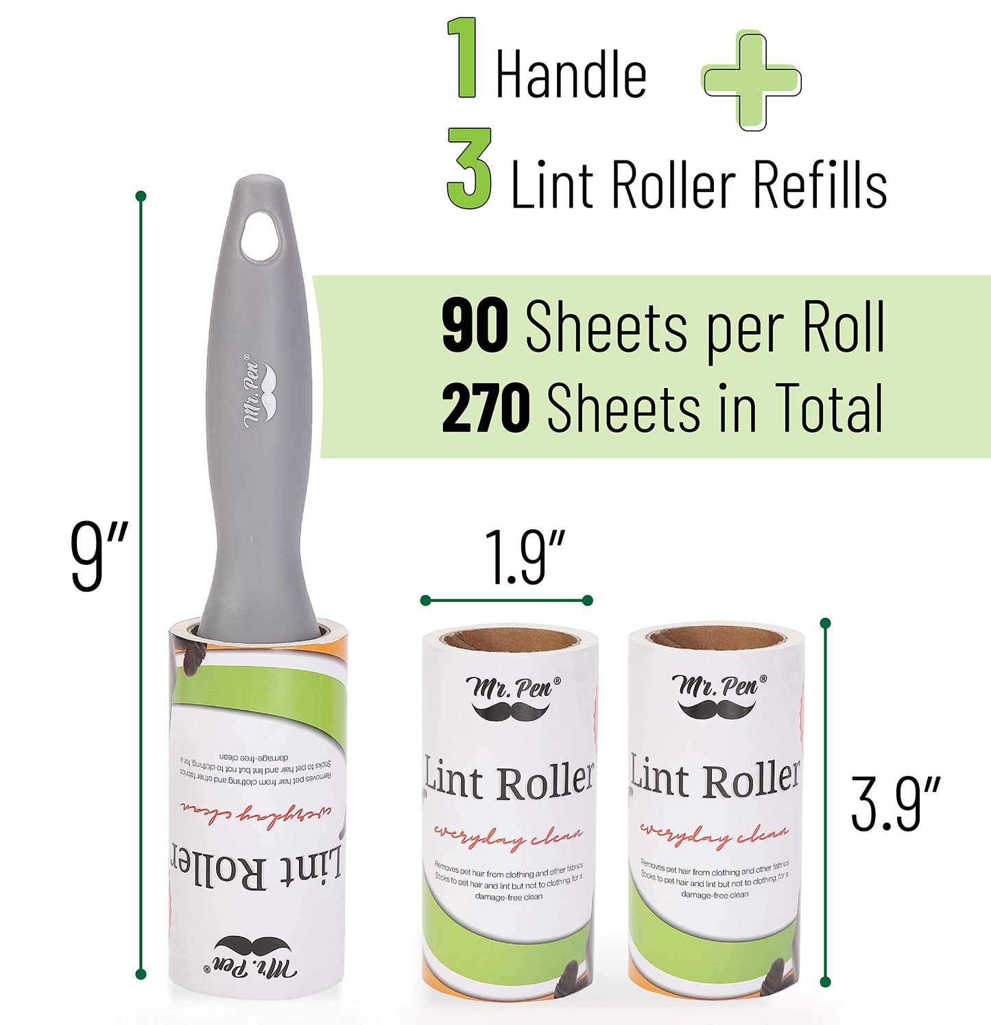 Mr. Pen- Lint Rollers, 1 Handle with 3 Refills, 270 Sheets, Extra Sticky Lint Remover for Clothes, Lint Roller for Pet Hair, Pet Hair Roller, Sticky