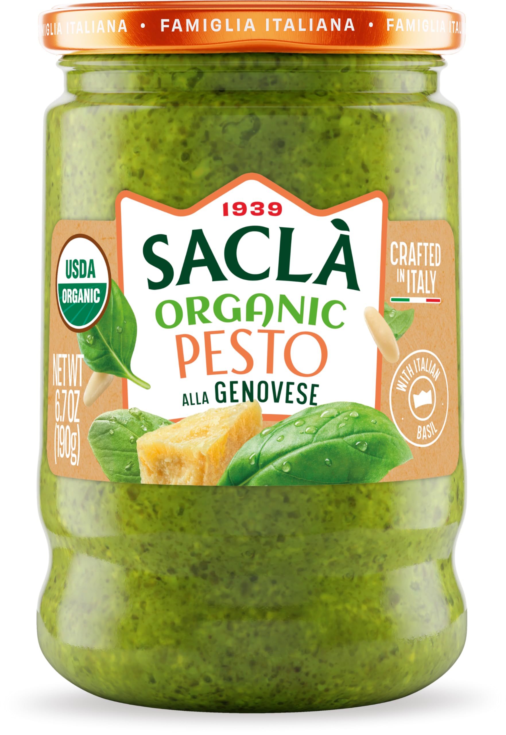 SACLA Organic Basil Pesto alla Genovese | USDA-Certified Organic Pesto Sauce made from Fresh Italian Basil & Cashews | 6.7 oz Glass Jar | Non-GMO