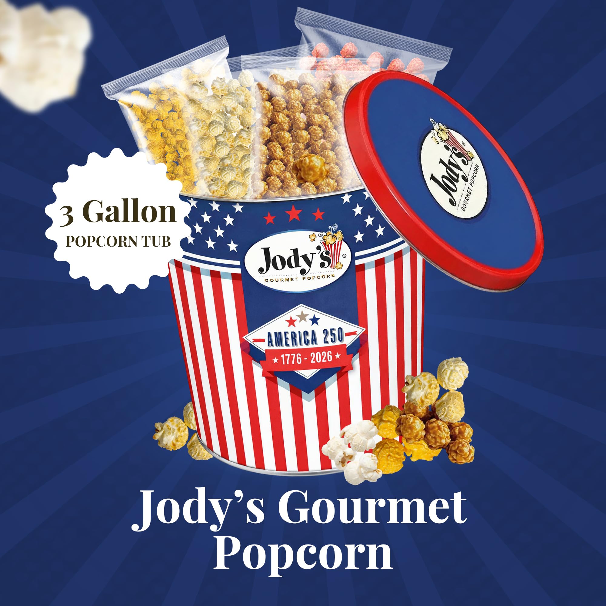 Jody's Gourmet Popcorn Red White & Blue Stripes Tin - 4th of July Popcorn Variety With Caramel Corn, Patriotic Kettle Corn, Double Cheddar, Sea Salt