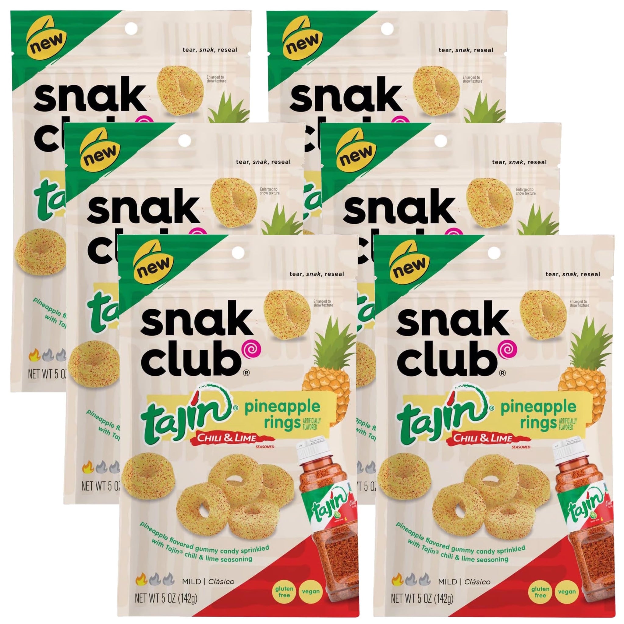 Snak Club Tajin Pineapple Rings Gummy Candy with Chili & Lime Seasoning, Gluten-Free, Vegan, 5 oz Resealable Bag (Pack of 6)