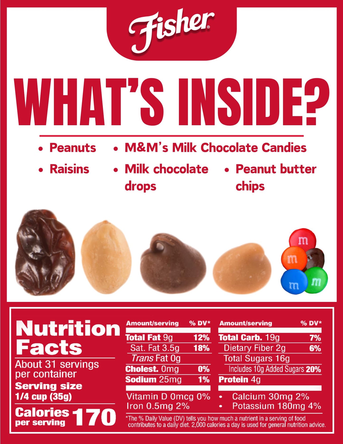 Fisher Snack Indulgent Bulk Trail Mix, 38 oz (Pack of 1), Peanuts, Milk Chocolate Candies, Raisins, Milk Chocolate and Peanut Butter Chips, Snacks