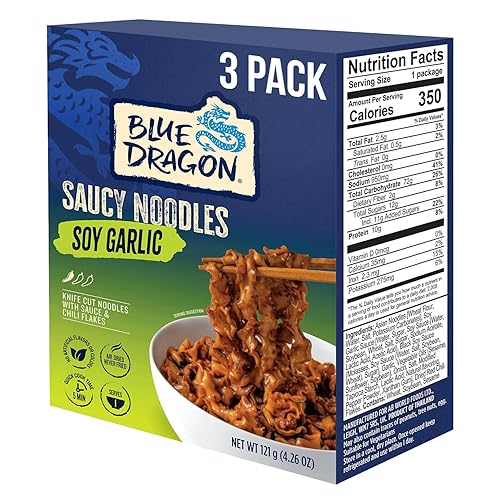 Blue Dragon Soy Garlic Saucy Noodles - 4.2oz (Pack of 3) - Knife Cut Air Dried Noodles w/Soy Garlic Sauce & Chili Garnish - Quick & Easy Meal