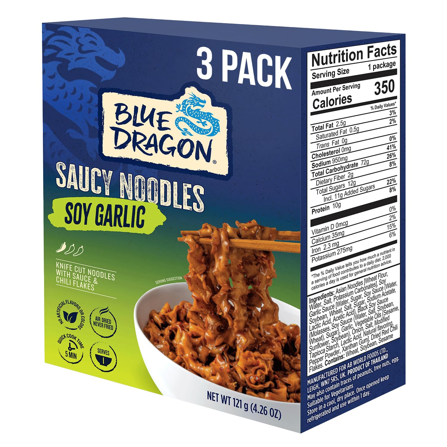 Blue Dragon Soy Garlic Saucy Noodles - 4.2oz (Pack of 3) - Knife Cut Air Dried Noodles w/Soy Garlic Sauce & Chili Garnish - Quick & Easy Meal