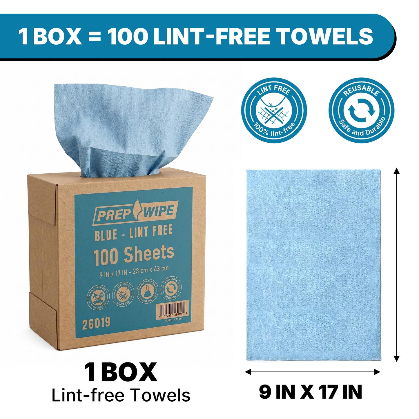Prep Wipe Lint-Free Cleaning Towels | Heavy Duty, Solvent Resistant Wipes for Auto Body & Industrial Prep | 100 Pack, 9" x 17", Blue 26019