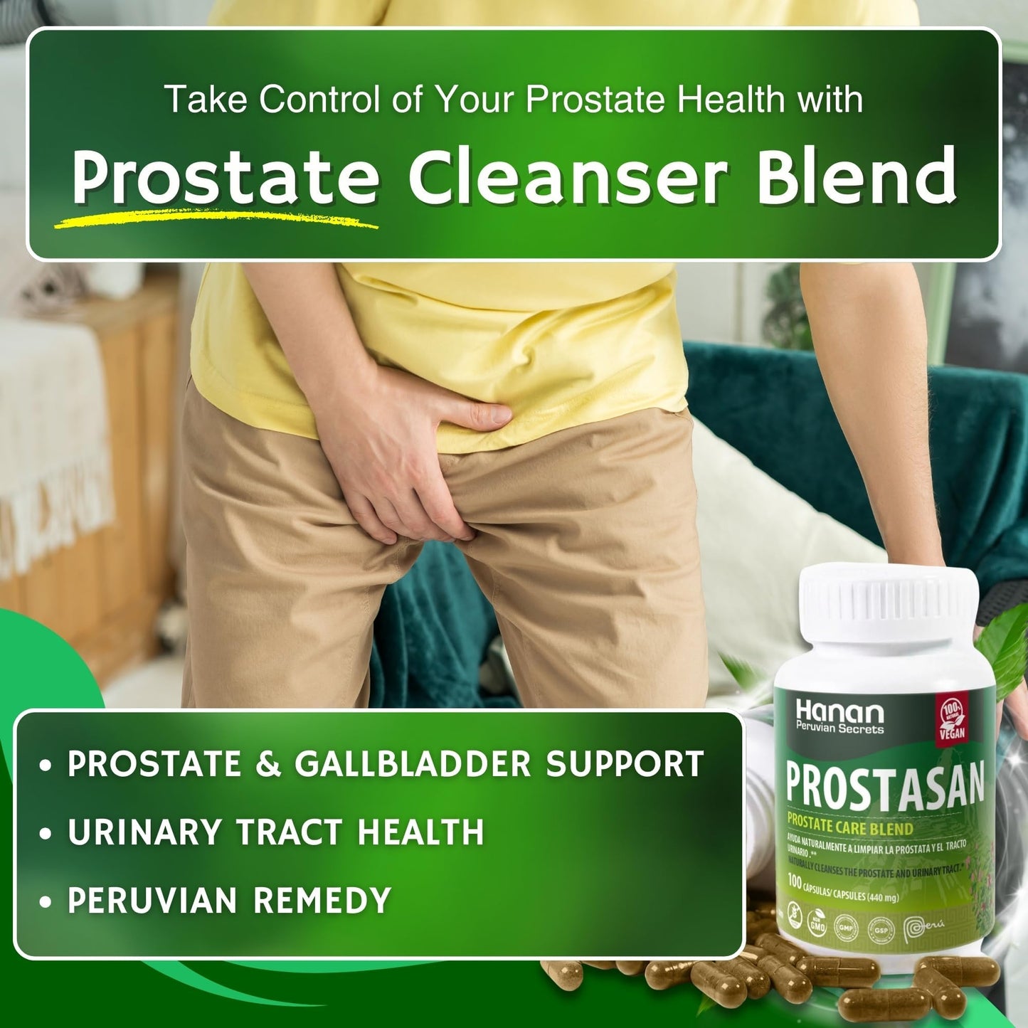 Hanan Prostate Supplements for Men 100 Capsules - Prostasan Blended with Annatto, Humanpinta, Cat's Claw, Horsetail and Soldier's Herb - Prostate