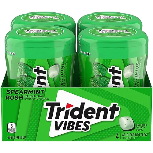 Trident Vibes Spearmint Rush Sugar-Free Chewing Gum, 4 Bottles of 40 Pieces (160 Total Pieces)
