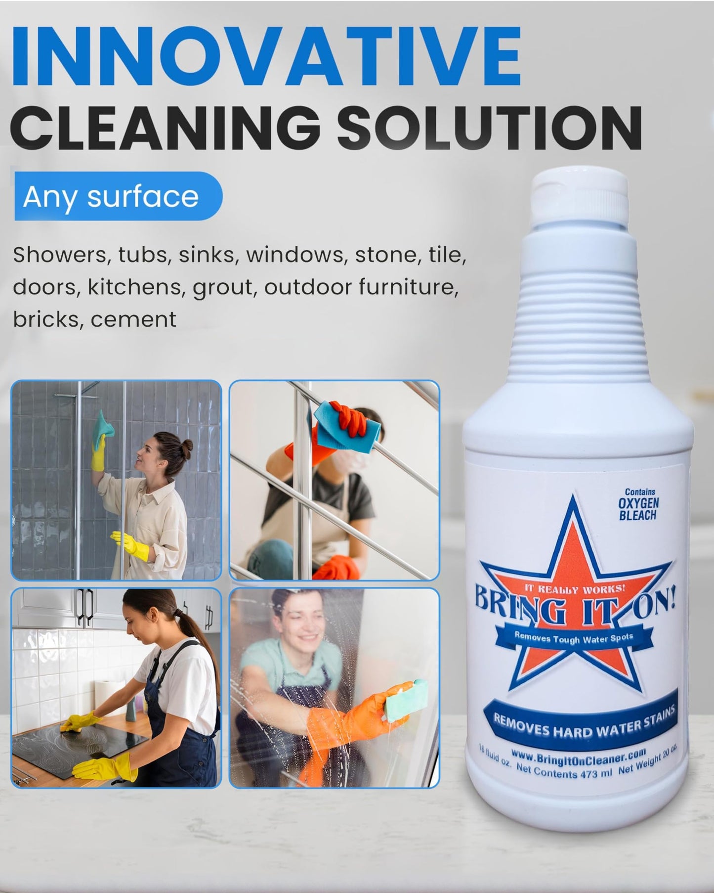 Bring It On Cleaner Hard Water Stain Remover 16 oz | Glass, Soap Scum Remover for Shower Glass, Fiberglass, Windows, Tile and Grout Cleaner
