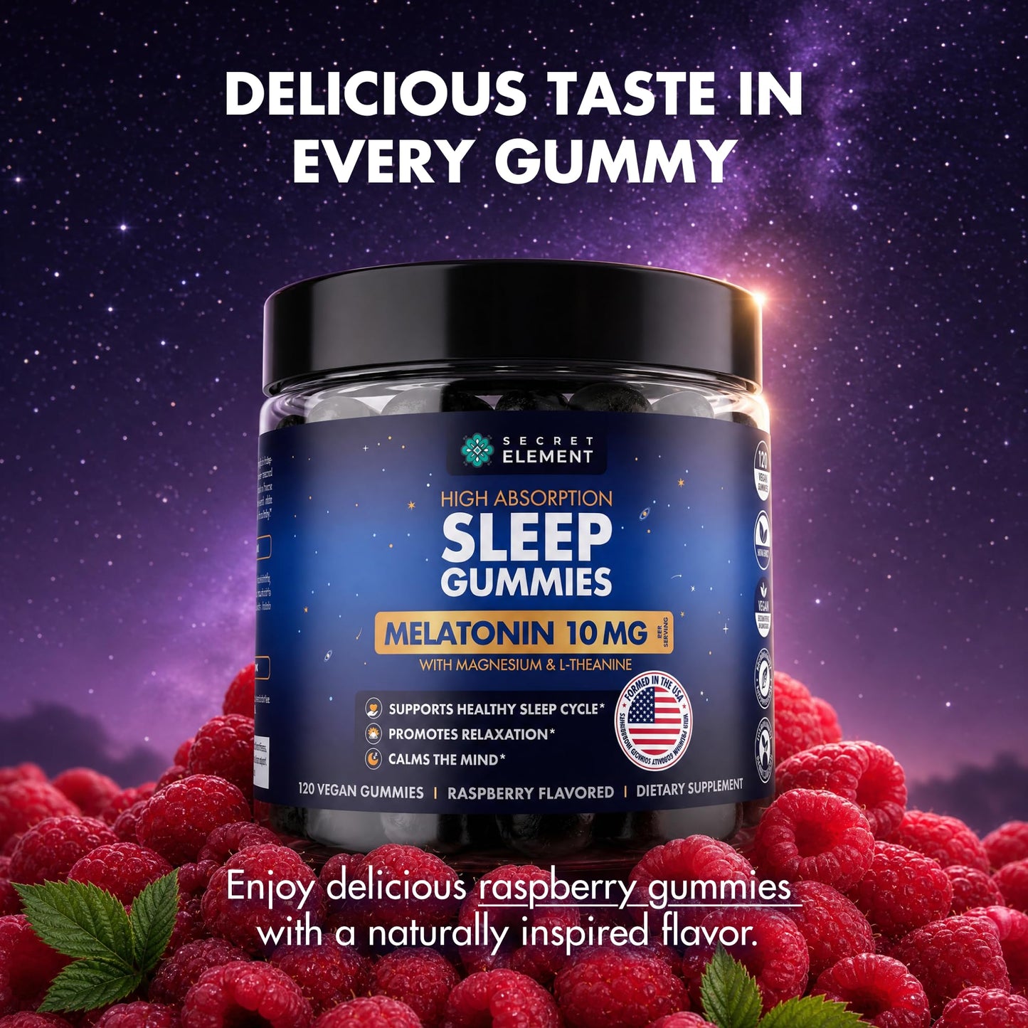 Raspberry Gummies Melatonin 10mg, Magnesium & L-Theanine- Vegan, Non-GMO, Sugar Free