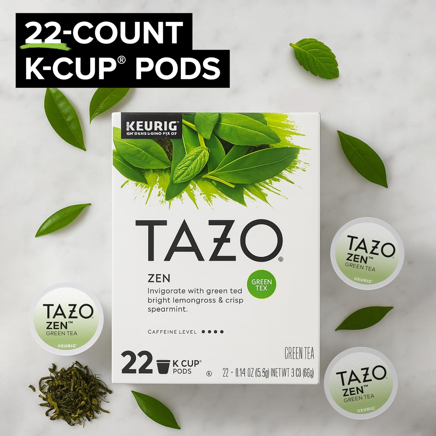 TAZO Organic Zen Green Tea K-Cups, Caffeine Free Tea with Refreshing Lemongrass & Spearmint, 22 Pods