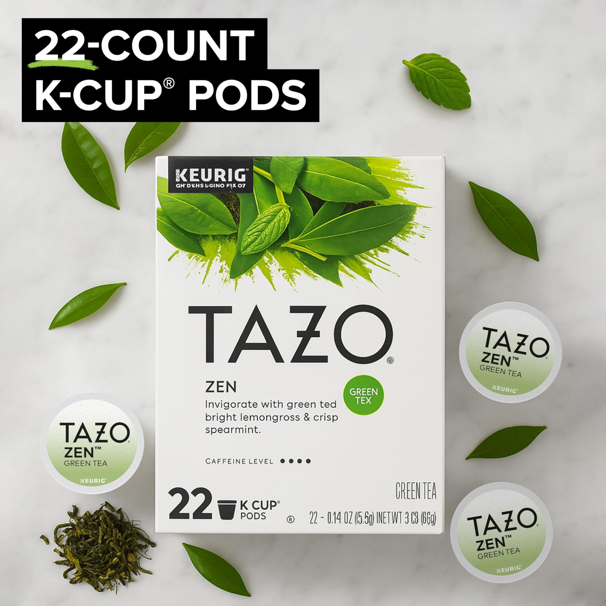 TAZO Organic Zen Green Tea K-Cups, Caffeine Free Tea with Refreshing Lemongrass & Spearmint, 22 Pods