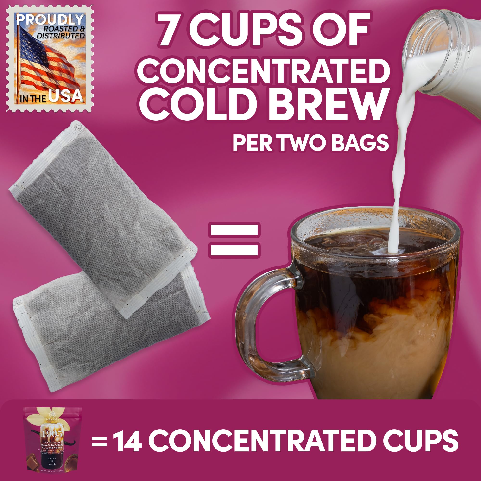 Sarasota Coffee 1905 Cold Brew Coffee Bags | Sweet Cream Jamaican Me Crazy | Blonde-Medium Roast | Smooth & Low Acid | Ground Filter Packs | Cold Brew