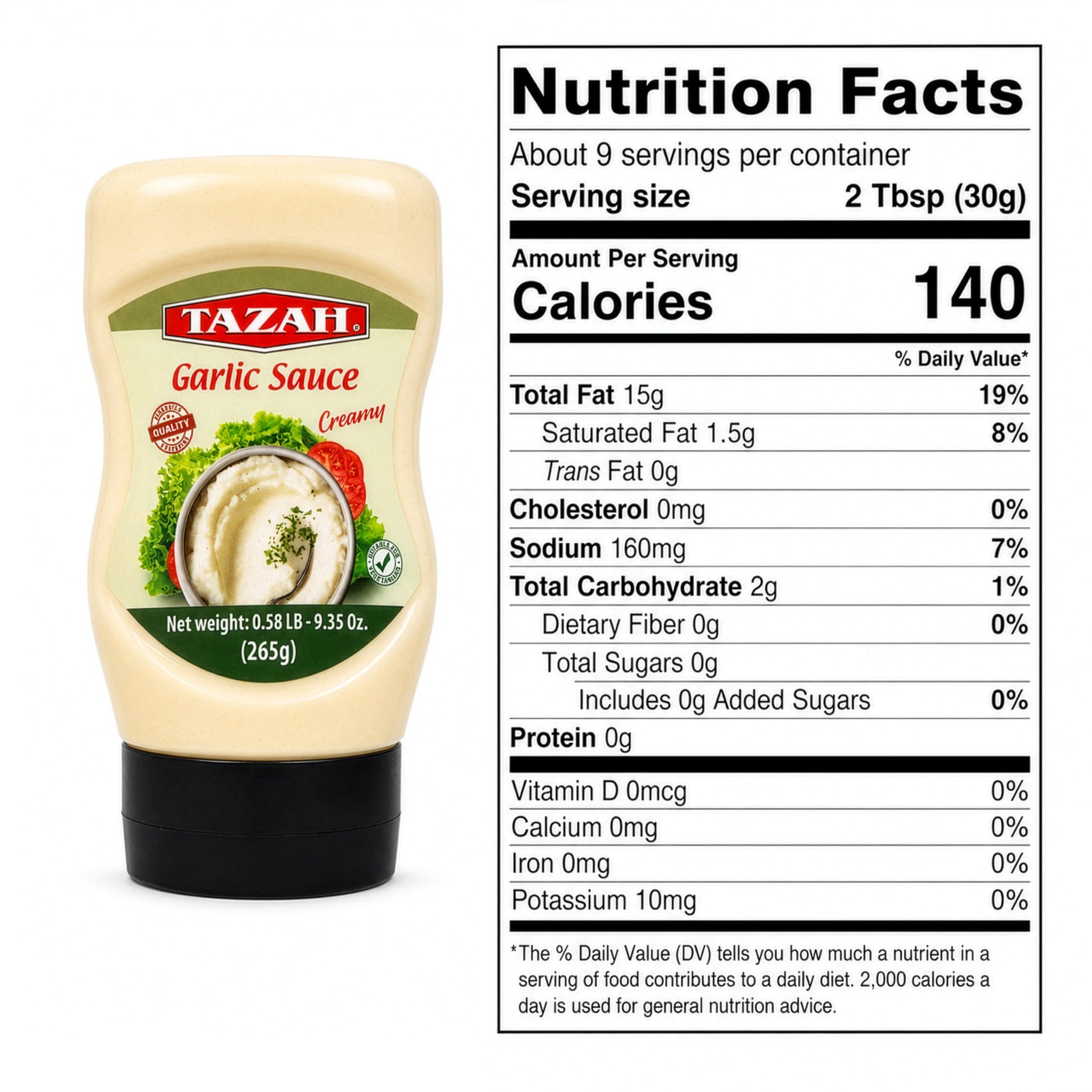 Tazah Lebanese Garlic Sauce 9.34 Fl Oz Squeezable Bottle Authentic Middle Eastern Creamy Garlic Dressing Great for Shawarma Falafel & More (??? Toum)
