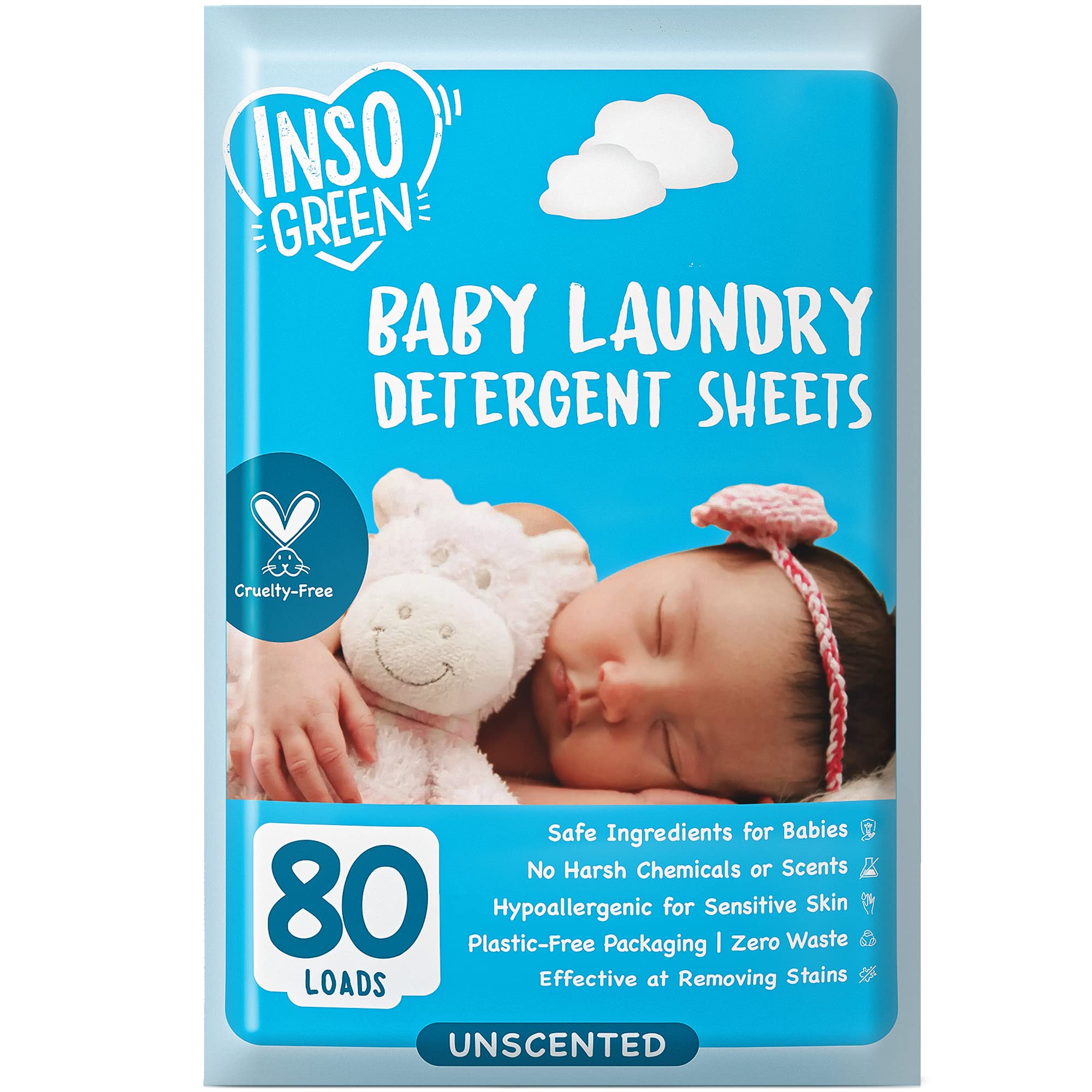Baby Laundry Detergent Sheets for Infant, Toddler and Newborns, 80 Loads, Unscented - Gentle for Sensitive Skin - Washing Detergent for Baby Clothes