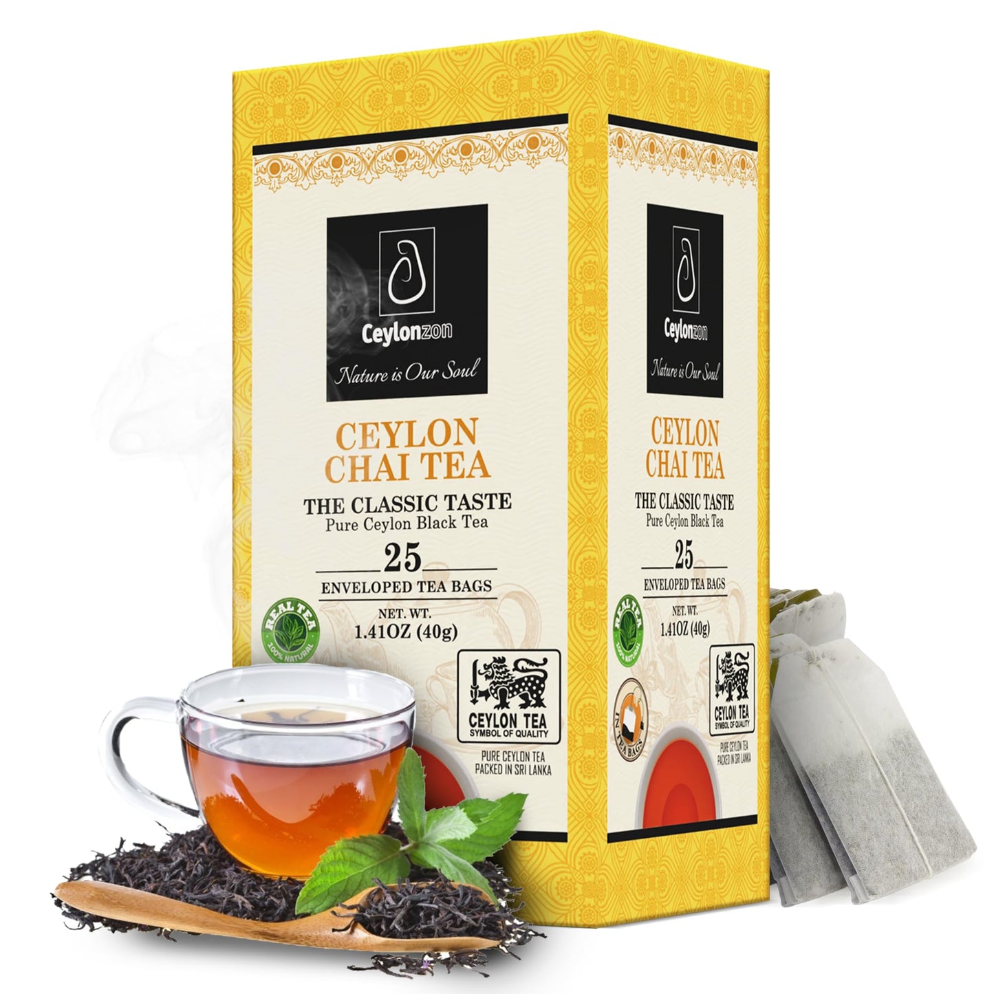 Ceylonzon Chai Tea Classic Taste 25 Individually Foil-Wrapped Tea Bags, Pure Ceylon Black Tea with Naturally Rich Flavor & Spices, Spice Chai Latte