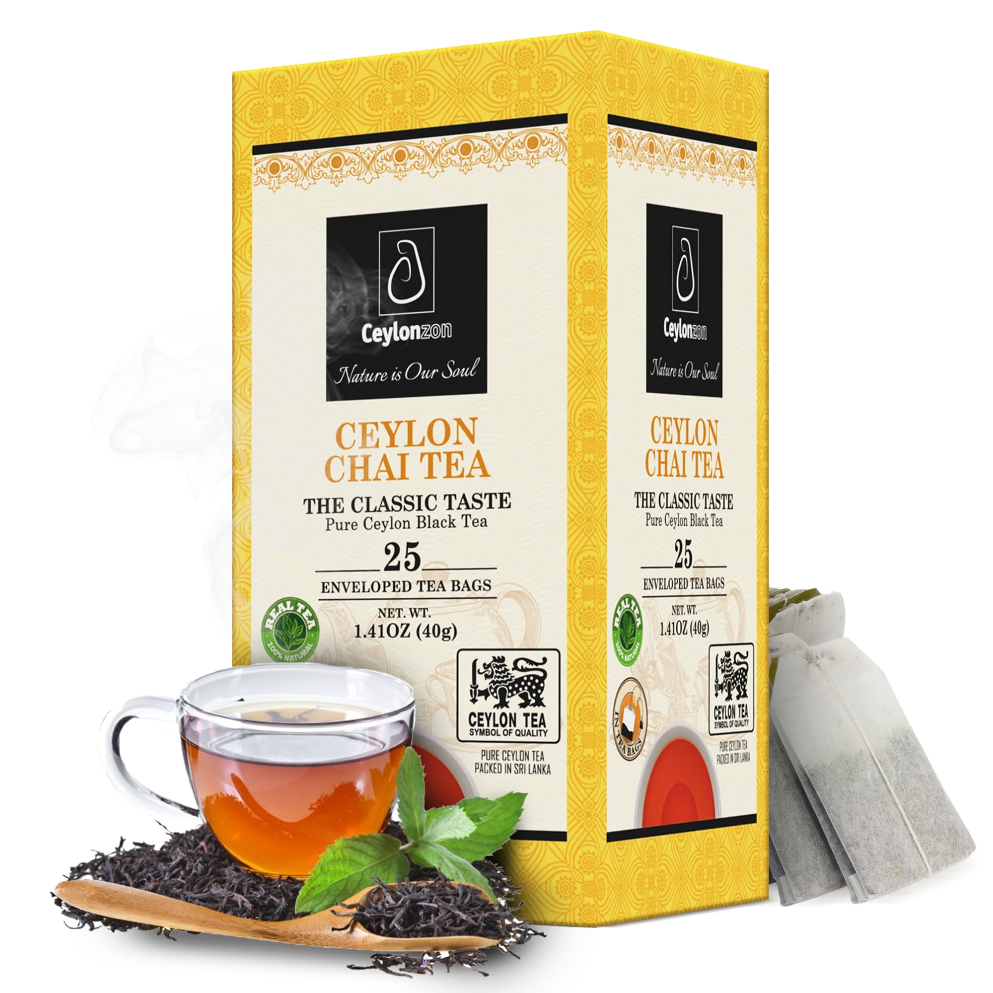 Ceylonzon Chai Tea Classic Taste 25 Individually Foil-Wrapped Tea Bags, Pure Ceylon Black Tea with Naturally Rich Flavor & Spices, Spice Chai Latte